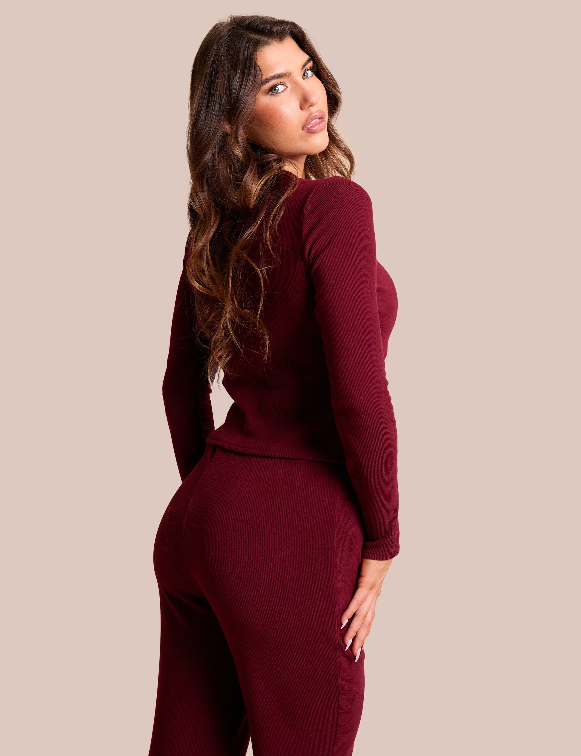 Rib Button Through Long Sleeve Top Burgundy