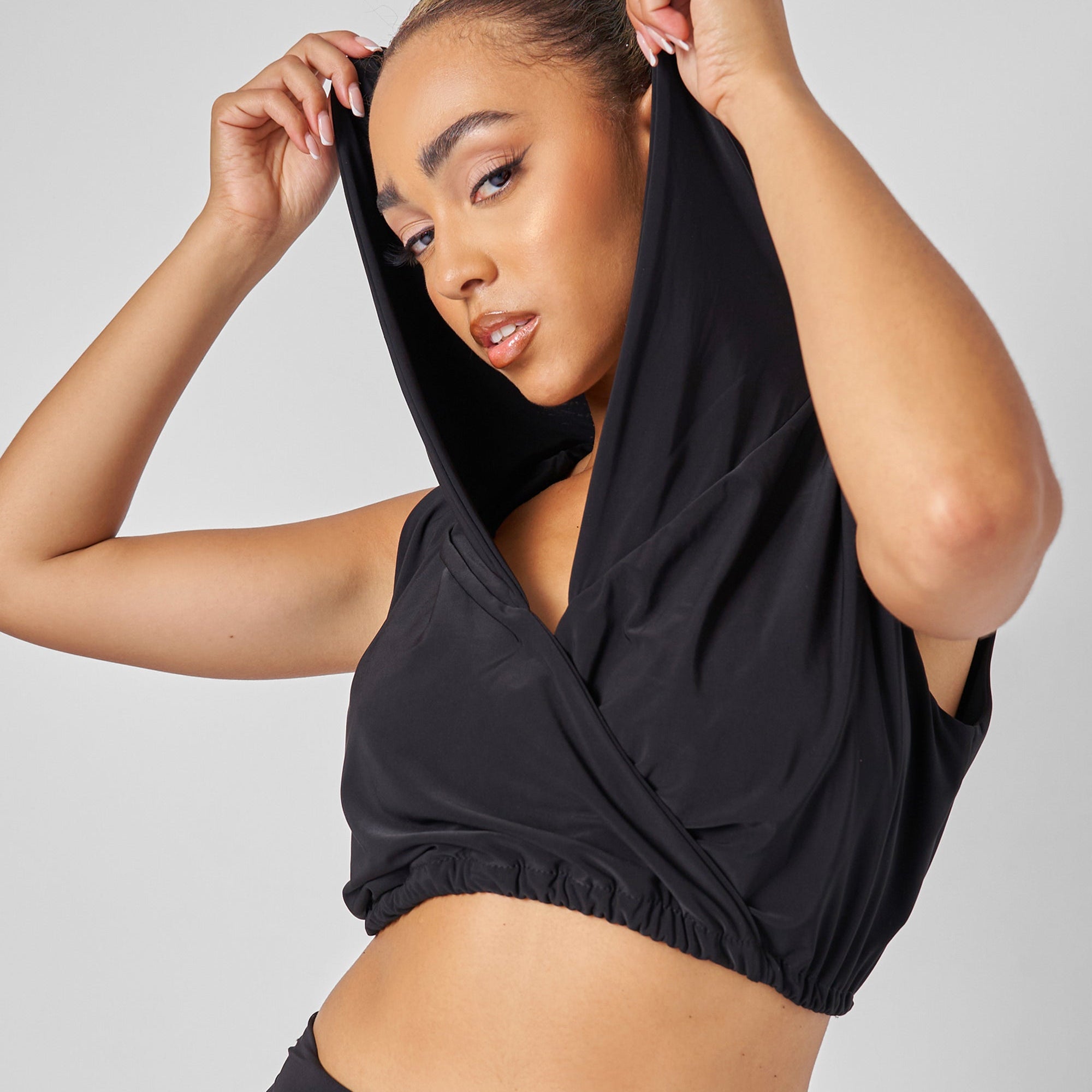 Sleeveless Wrap Front Top With Hood Black