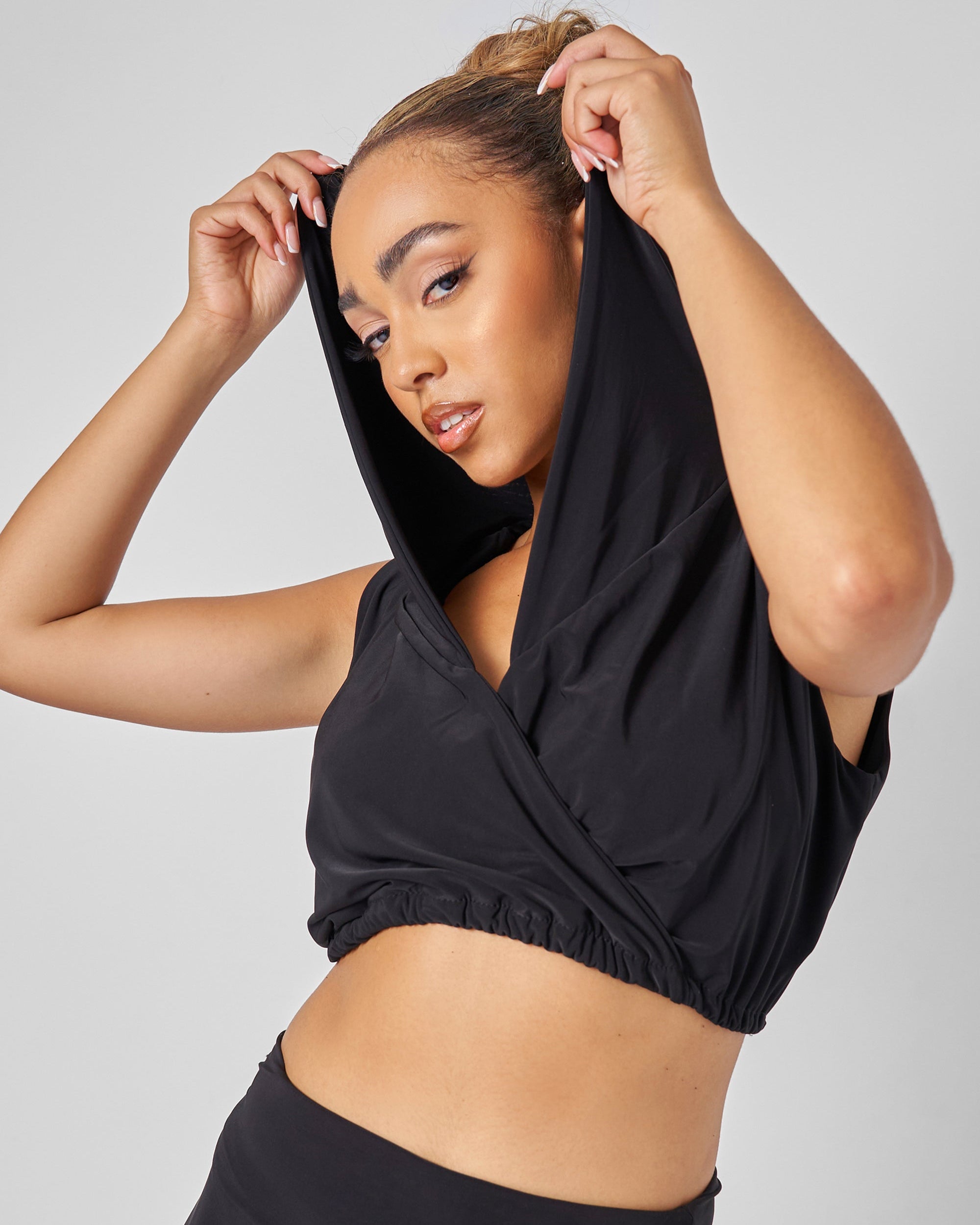 Sleeveless Wrap Front Top With Hood Black