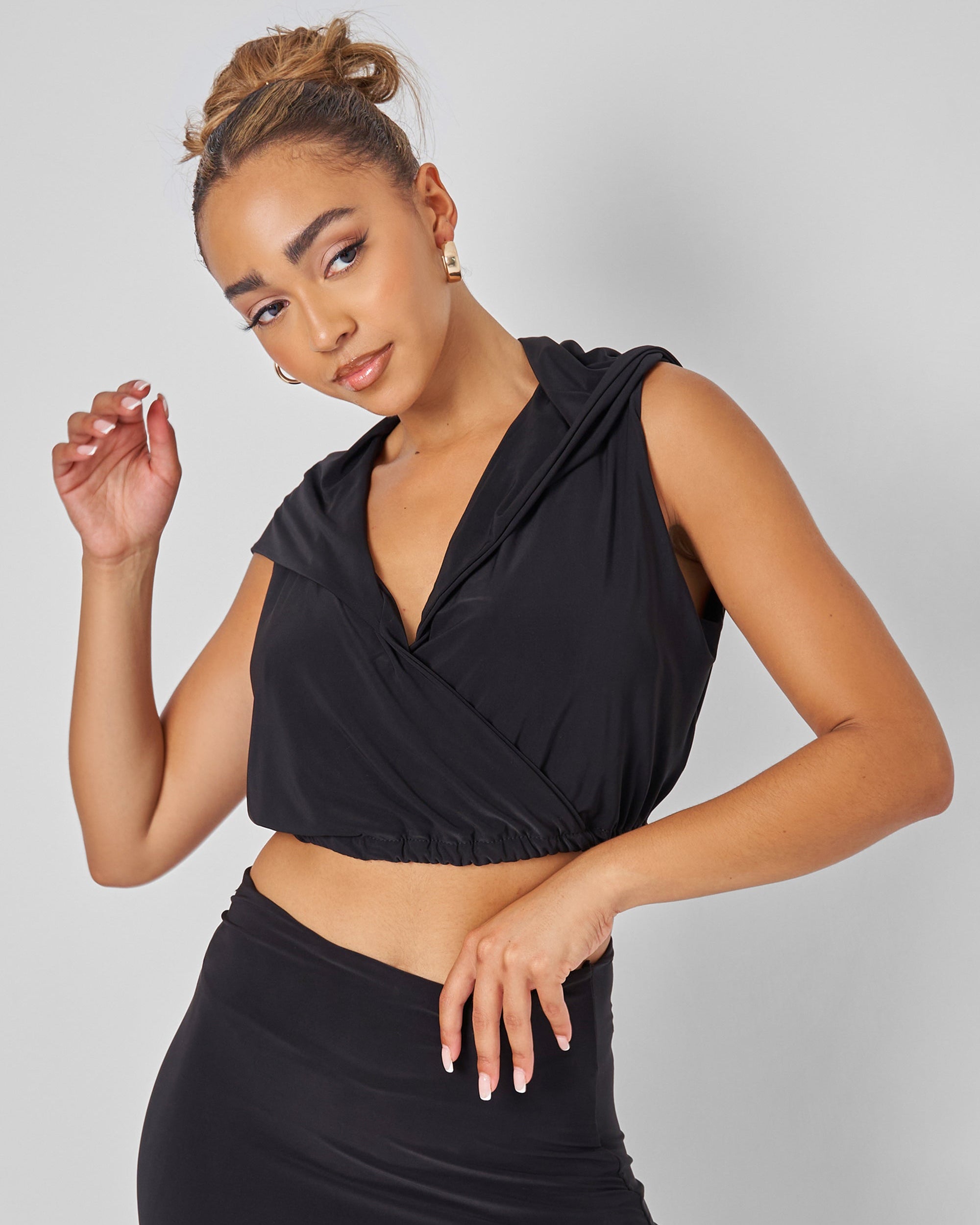 Sleeveless Wrap Front Top With Hood Black