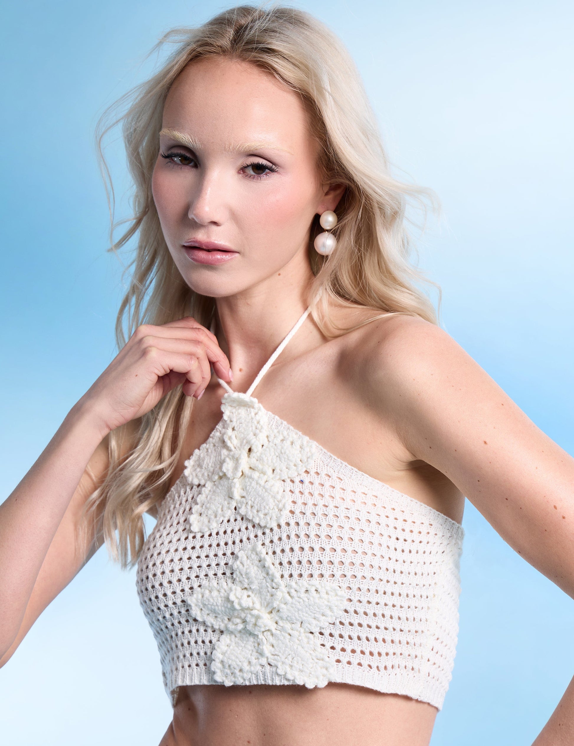 Floral Embroidered Crochet Crop Top Co Ord Ivory