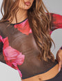 Floral Print Long Sleeve Floral Mesh Top Multi