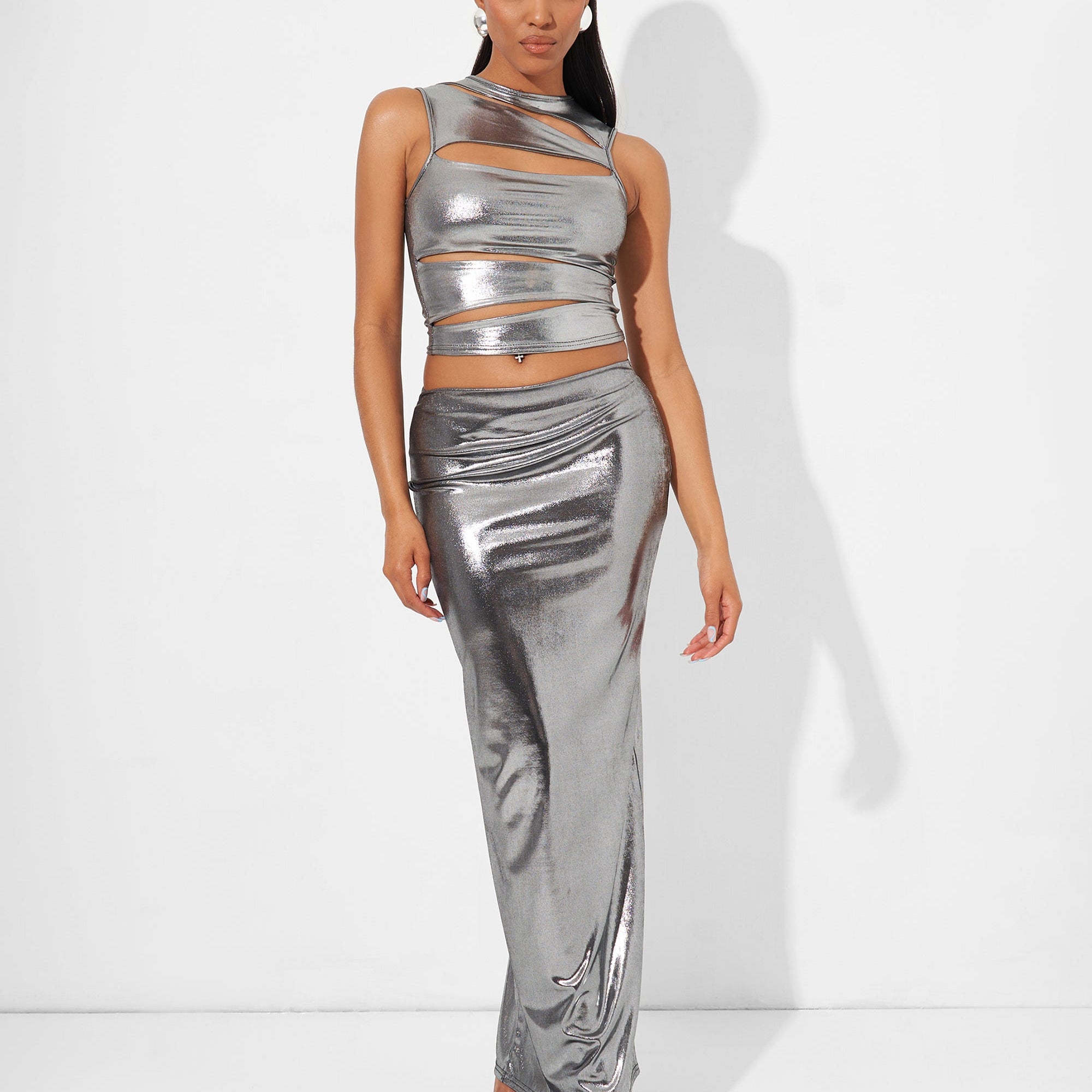 Maxi Skirt Co Ord in Metallic Silver