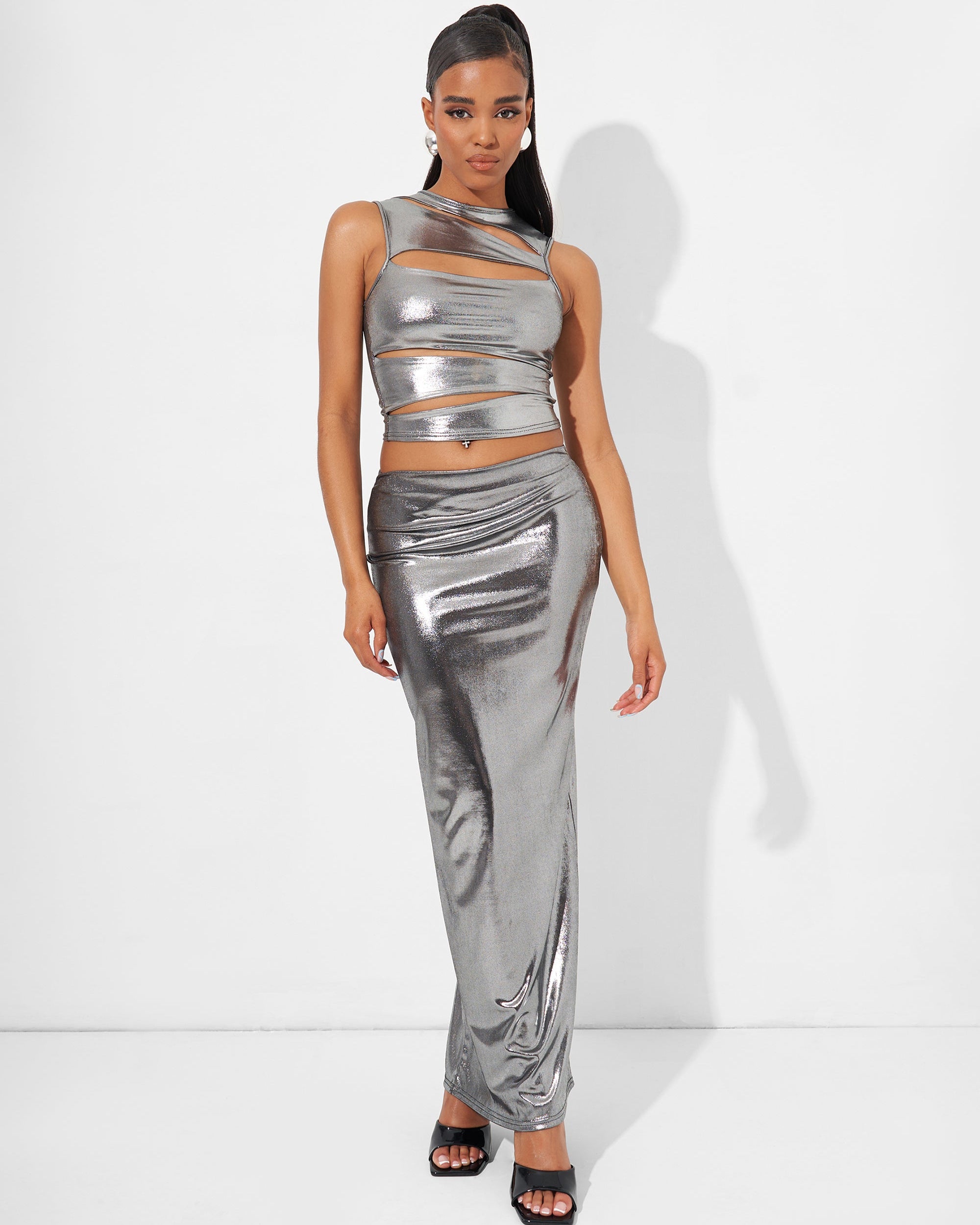 Maxi Skirt Co Ord in Metallic Silver