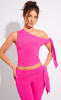 Knot Detail Asymmetric One Shoulder Slinky Top Hot Pink