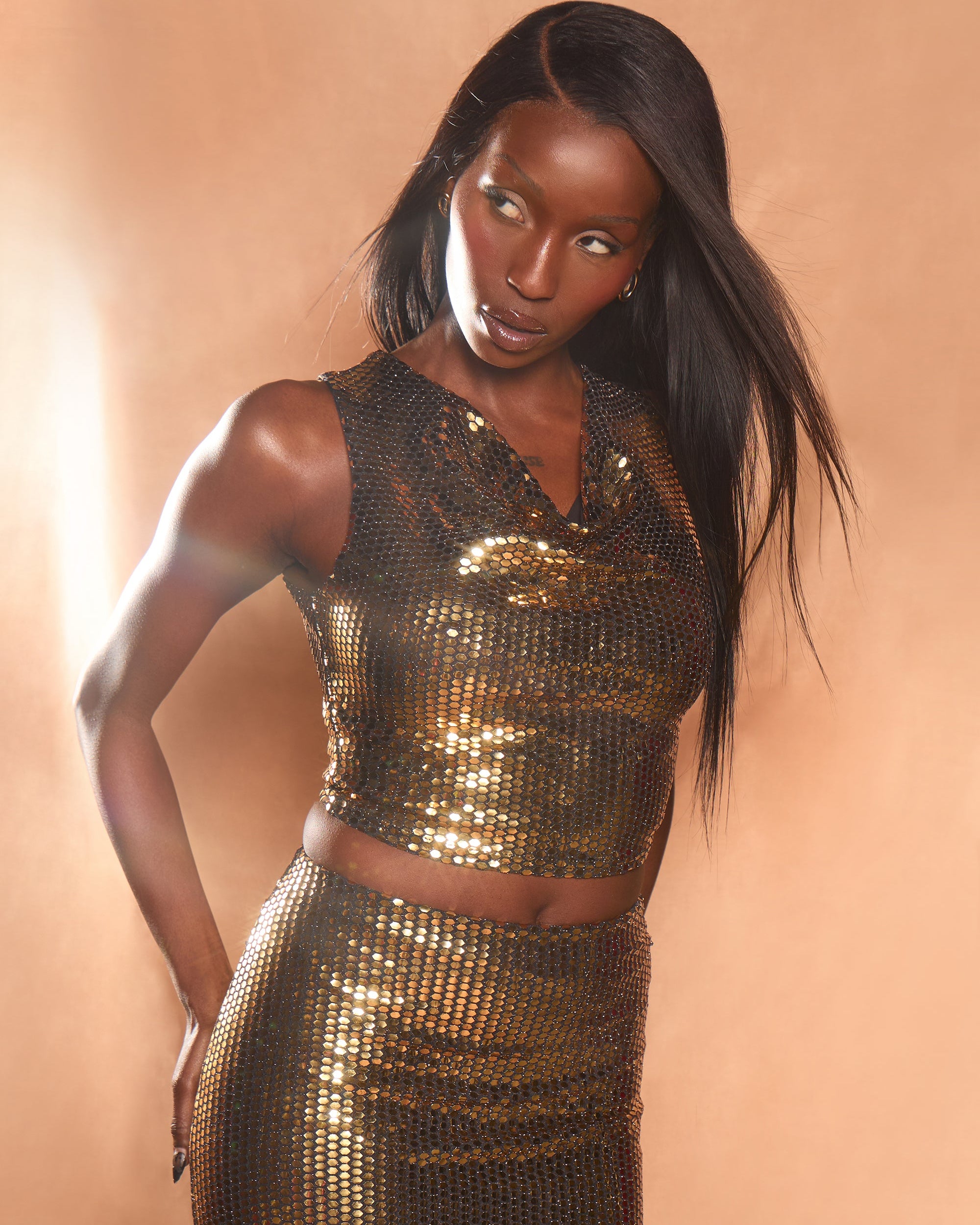 Cowl Neck Sequin Top Gold