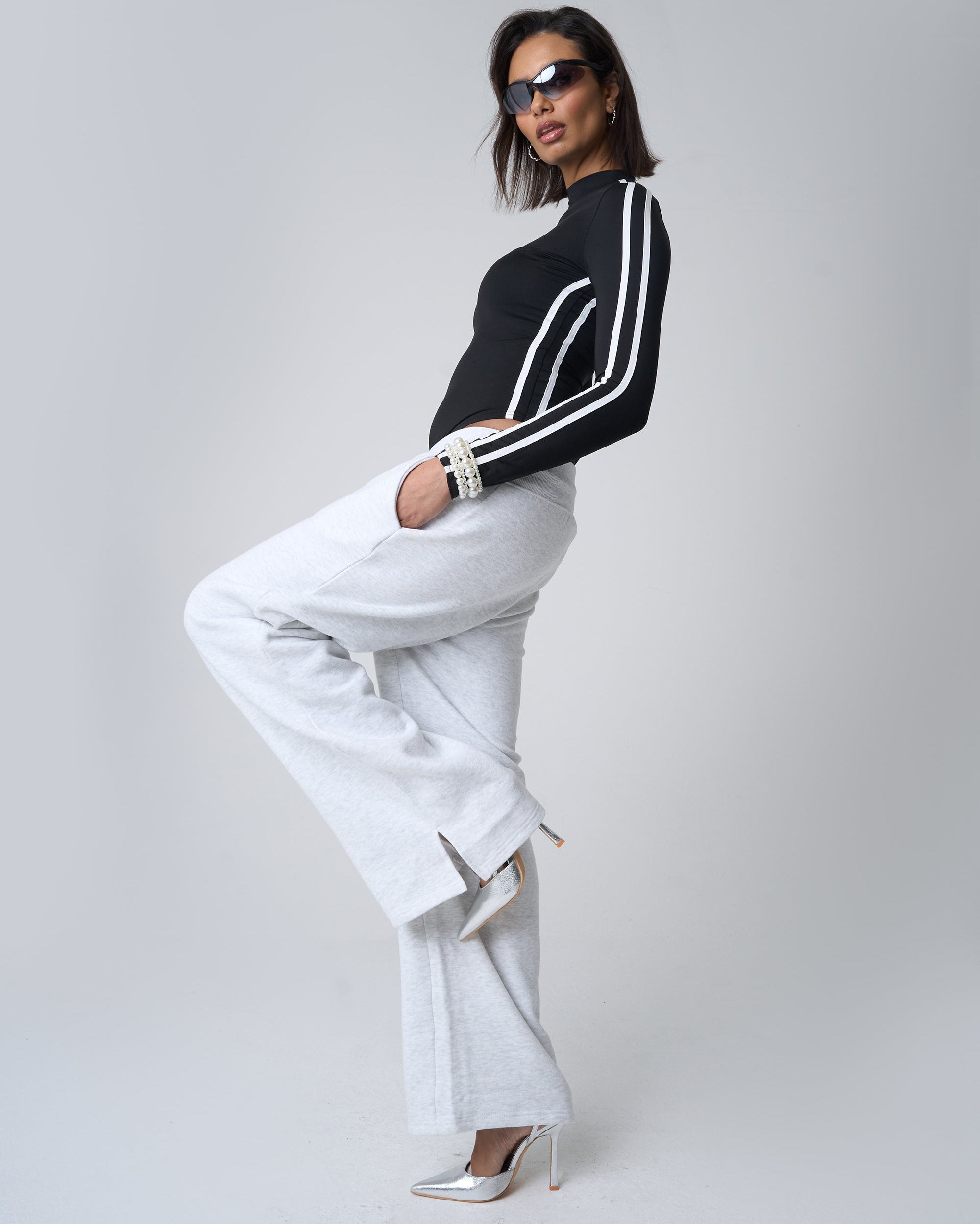 Split Hem Wide Leg Joggers Grey Marl