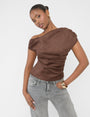 Suedette One Shoulder Ruched Top Chocolate