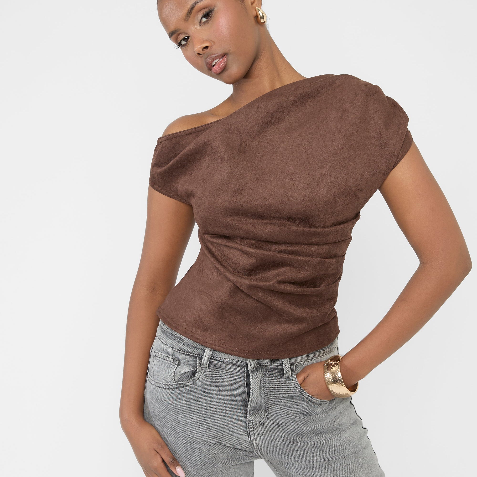 Suedette One Shoulder Ruched Top Chocolate