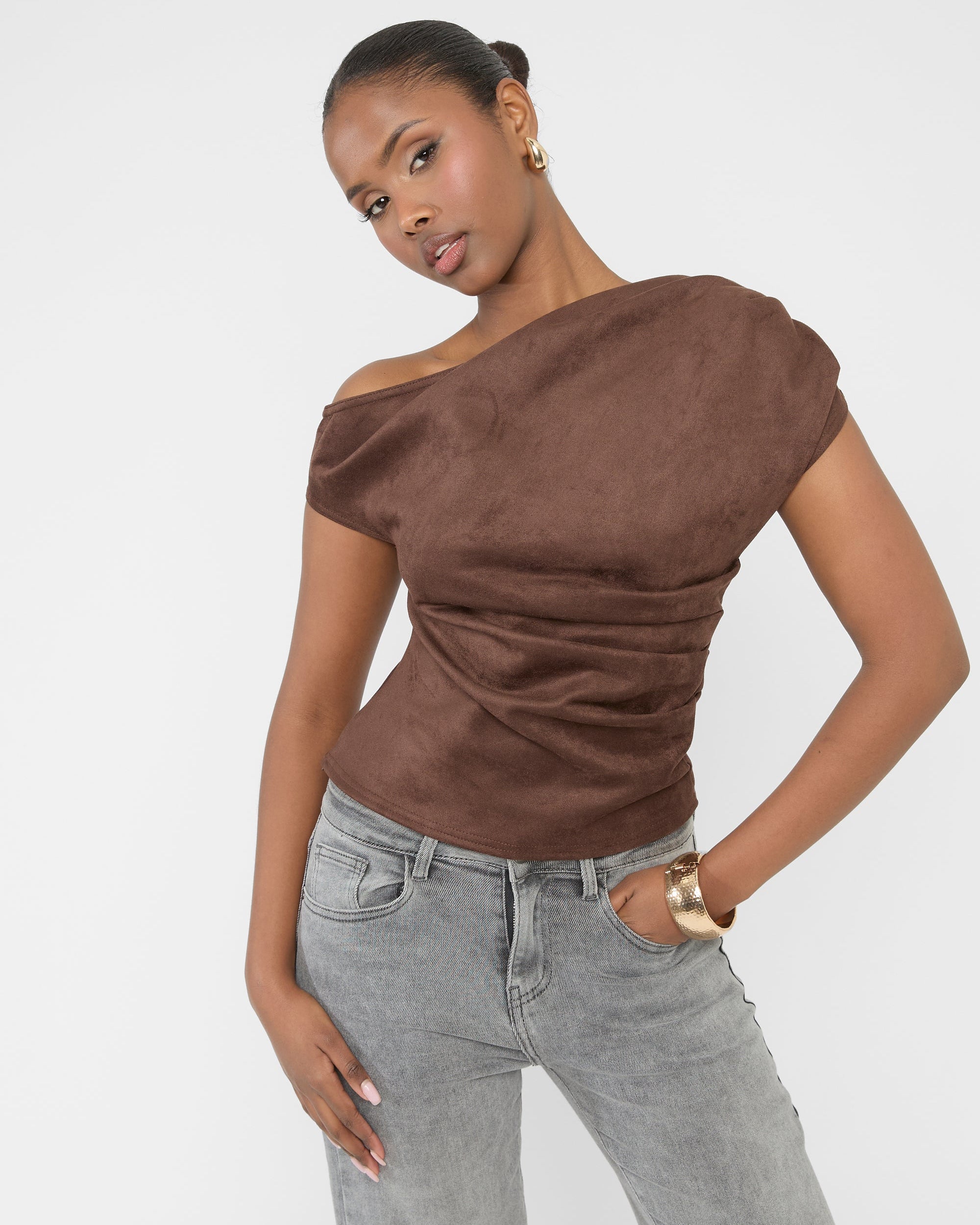 Suedette One Shoulder Ruched Top Chocolate