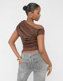 Suedette One Shoulder Ruched Top Chocolate