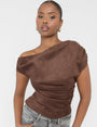 Suedette One Shoulder Ruched Top Chocolate