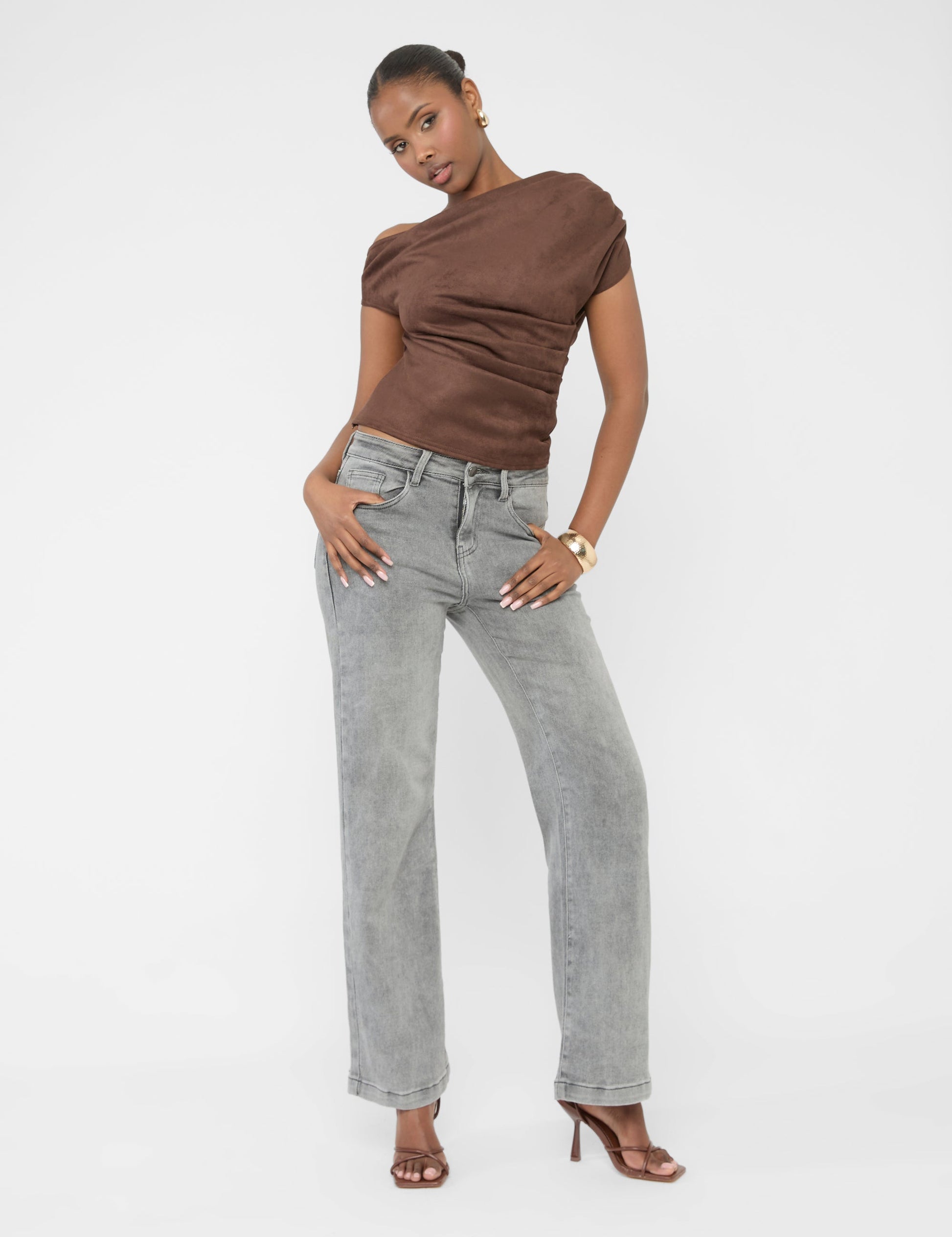 Suedette One Shoulder Ruched Top Chocolate