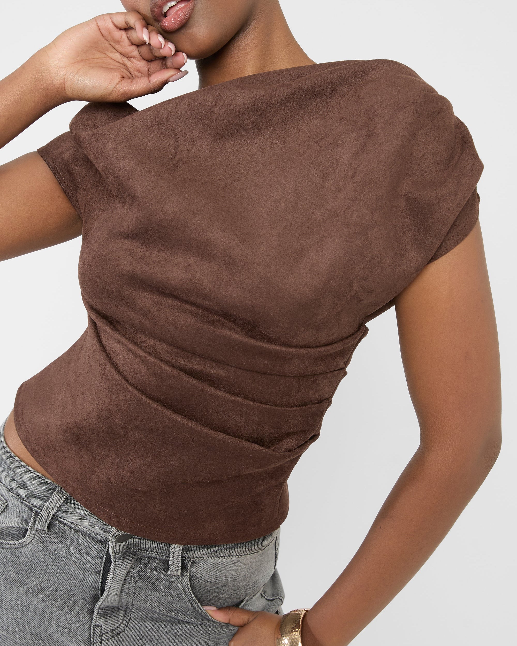 Suedette One Shoulder Ruched Top Chocolate
