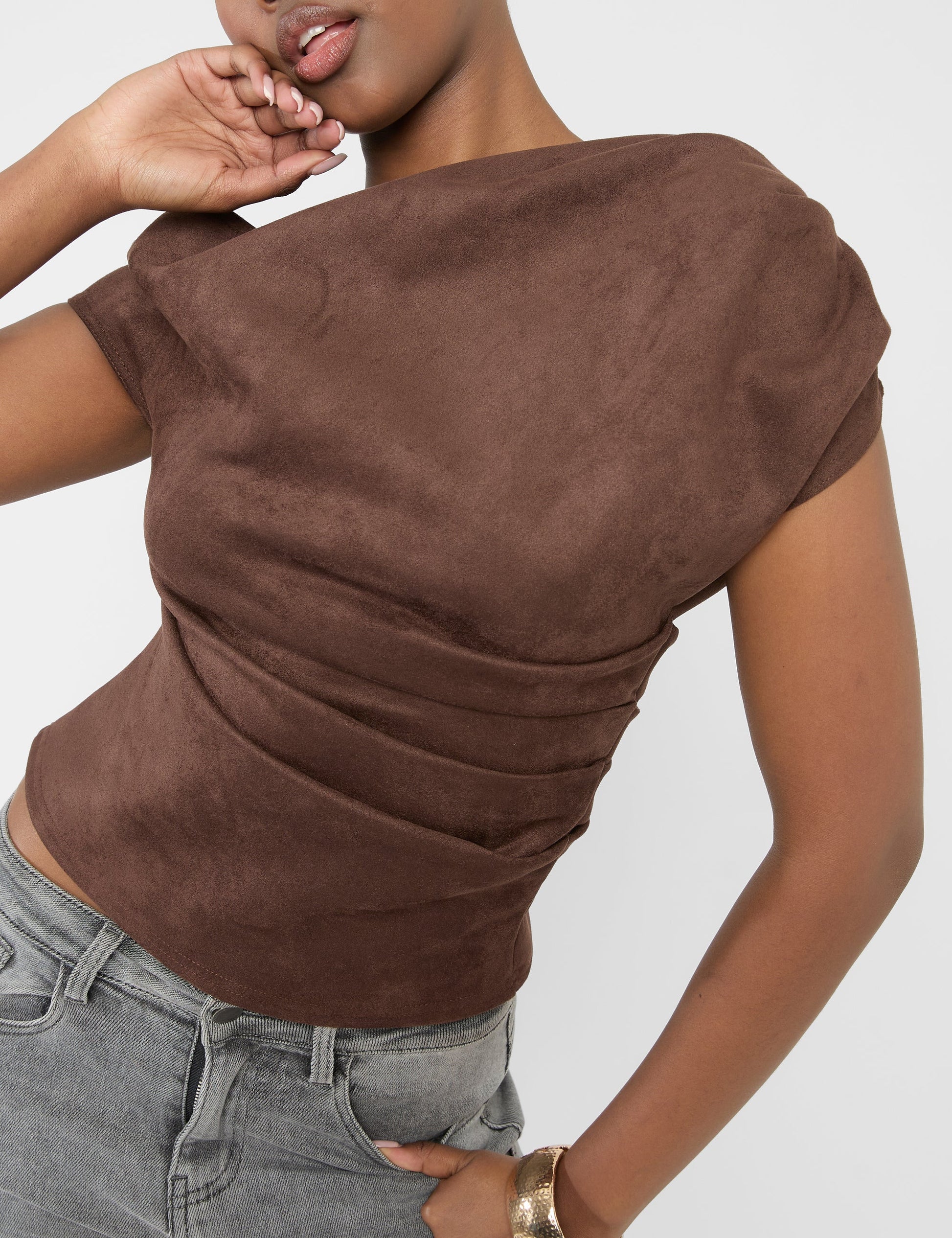 Suedette One Shoulder Ruched Top Chocolate
