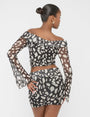 Mesh Bardot Fold Over Long Sleeve Crop Top Animal Print