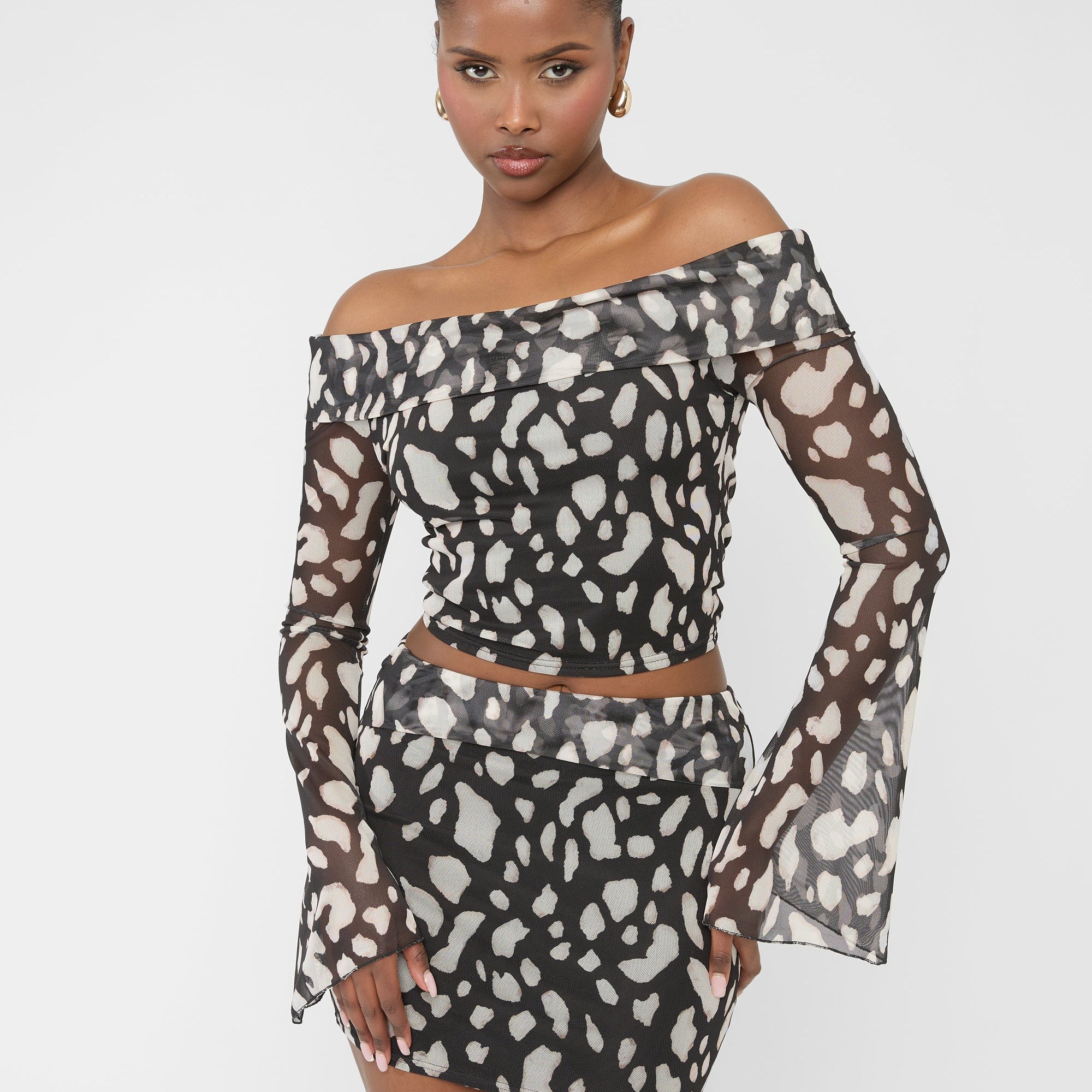 Mesh Bardot Fold Over Long Sleeve Crop Top Animal Print