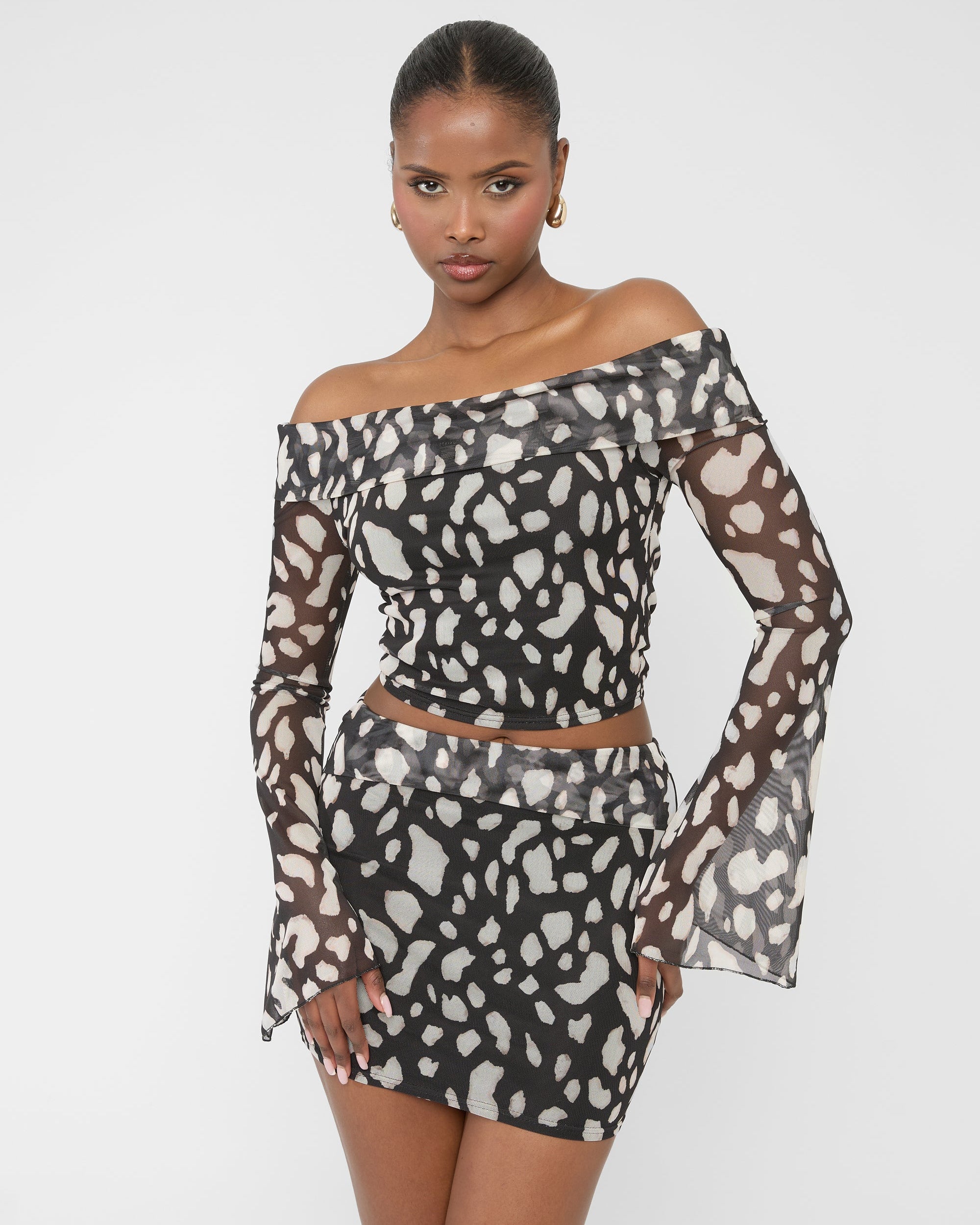 Mesh Bardot Fold Over Long Sleeve Crop Top Animal Print