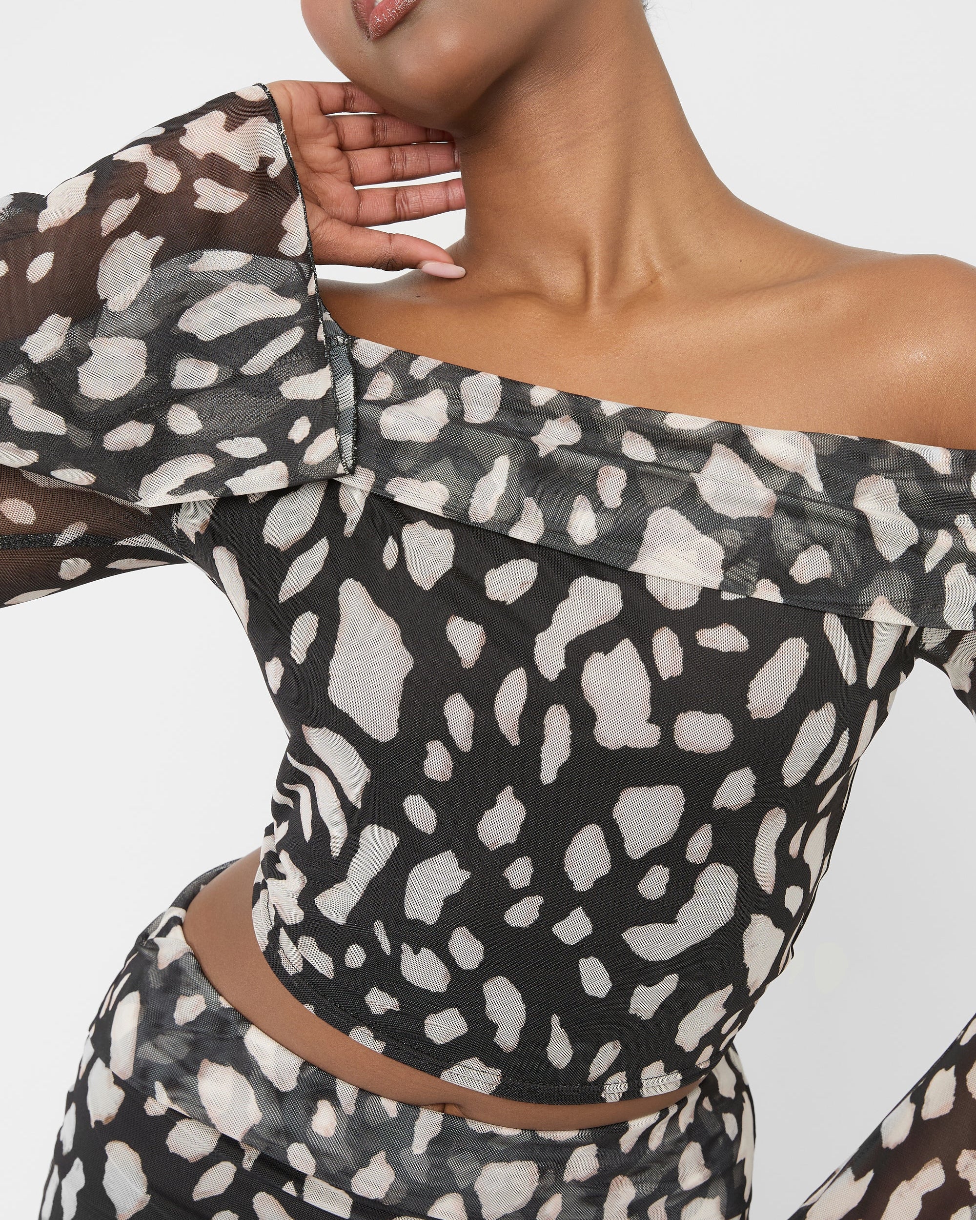 Mesh Bardot Fold Over Long Sleeve Crop Top Animal Print