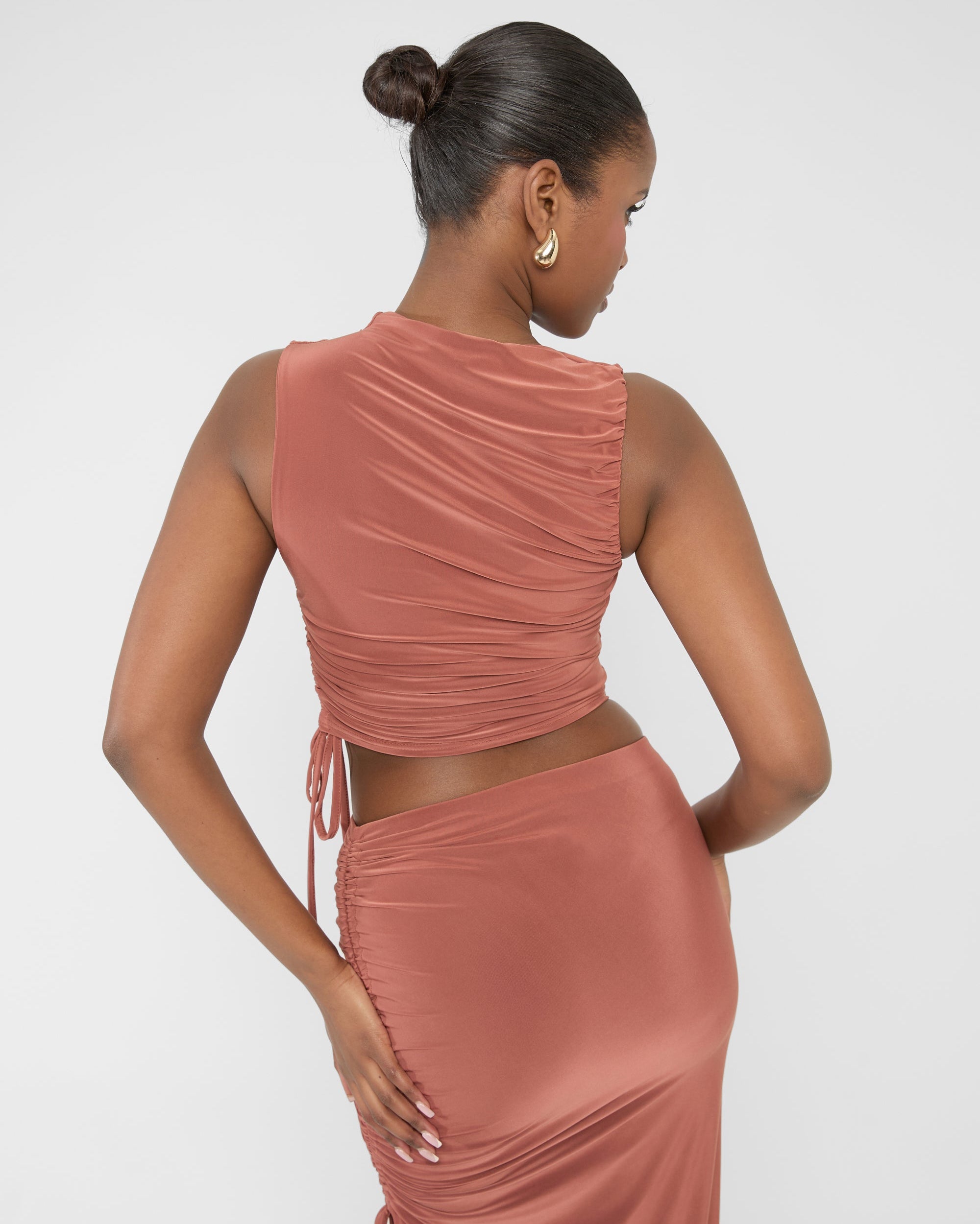Ruched Detail Slinky High Neck Crop Top Rust