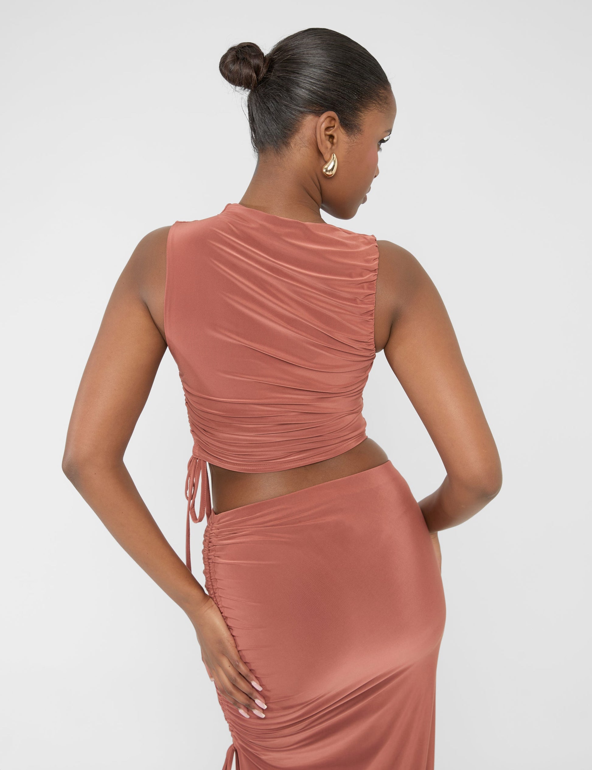 Ruched Detail Slinky High Neck Crop Top Rust
