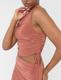 Ruched Detail Slinky High Neck Crop Top Rust