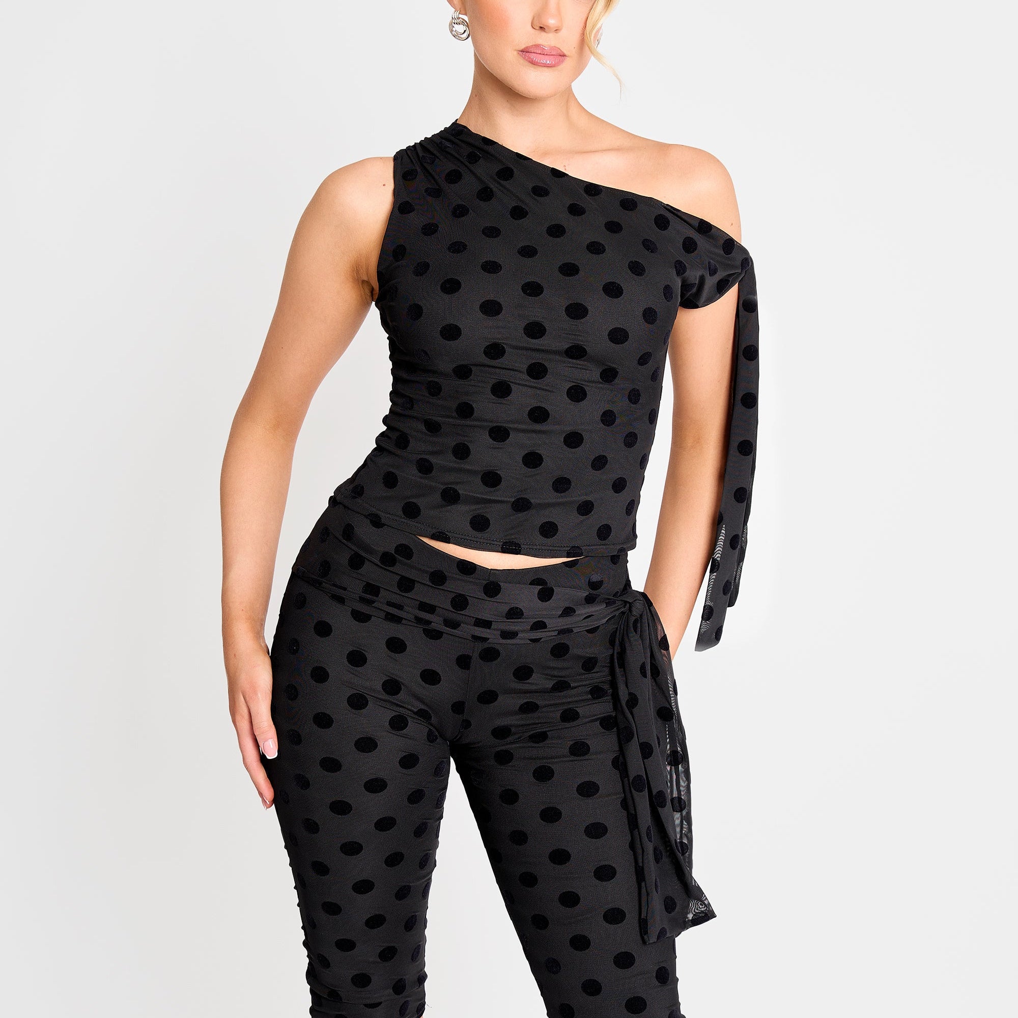 Knot Detail Asymmetric One Shoulder Polka Dot Devore Top Black