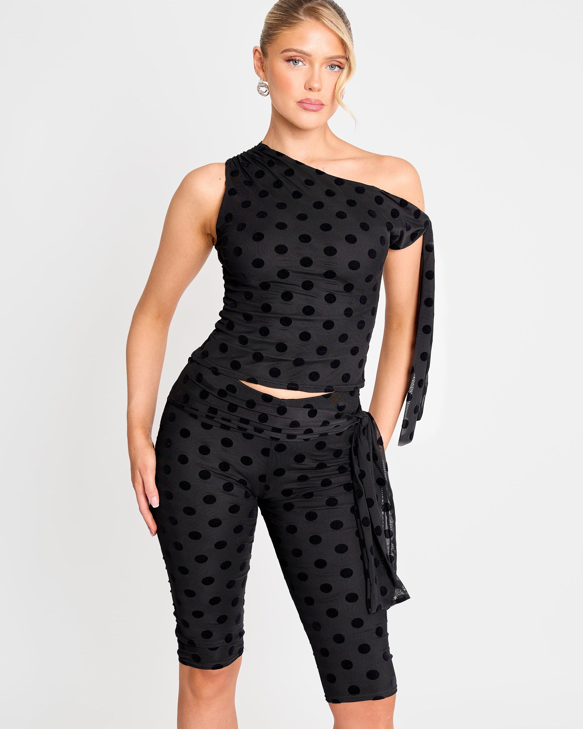 Knot Detail Asymmetric One Shoulder Polka Dot Devore Top Black