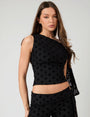 Knot Detail Asymmetric One Shoulder Polka Dot Devore Top Black