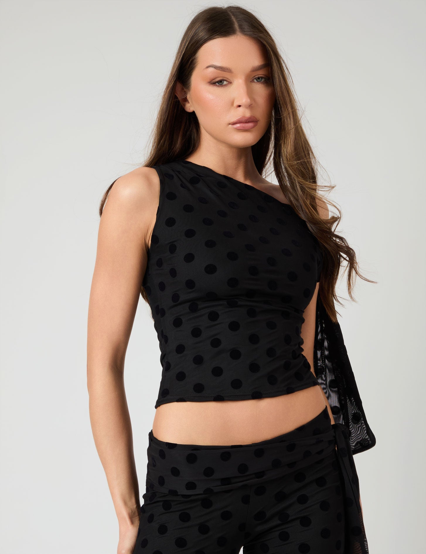 Knot Detail Asymmetric One Shoulder Polka Dot Devore Top Black