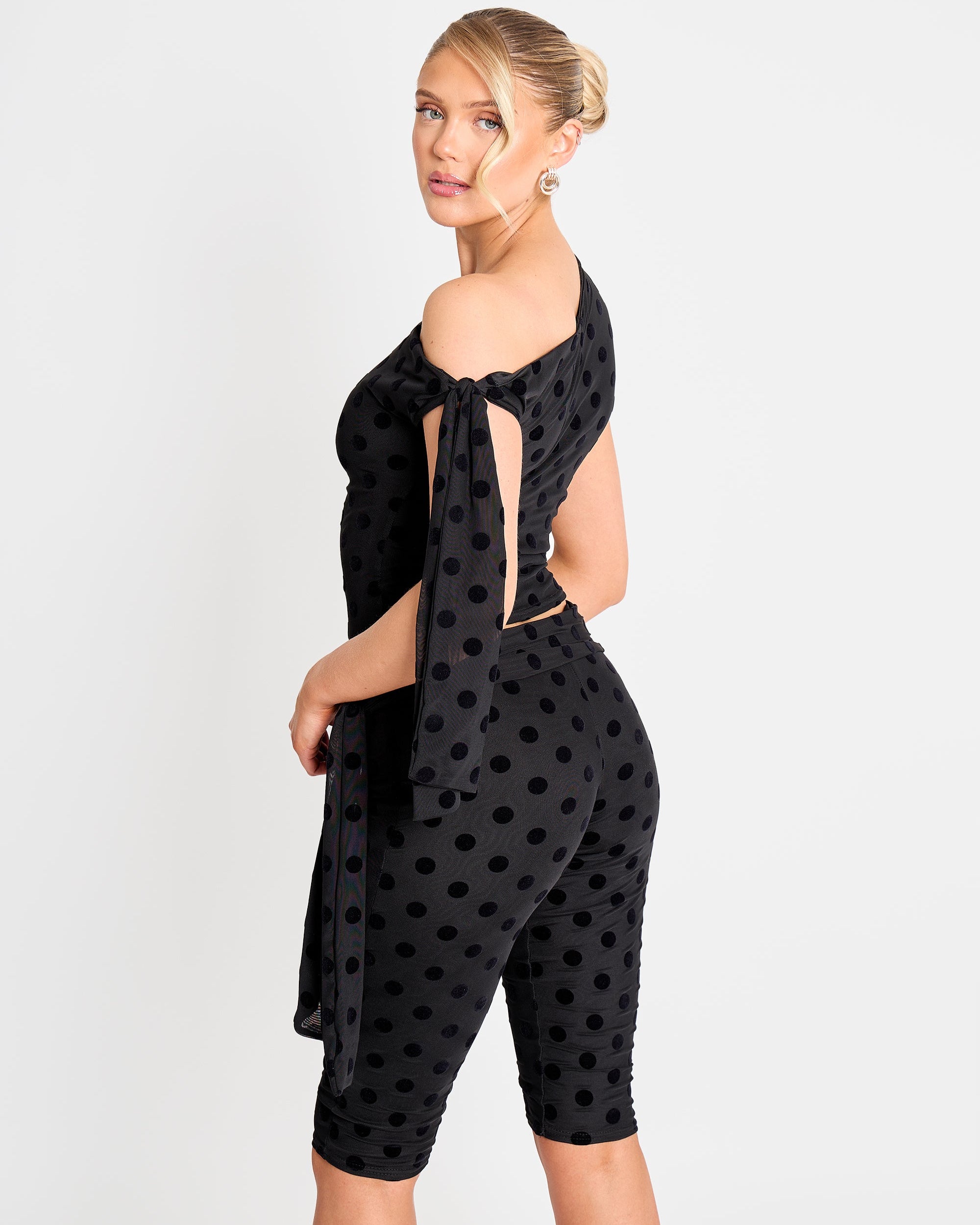 Knot Detail Asymmetric One Shoulder Polka Dot Devore Top Black