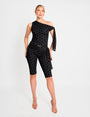 Knot Detail Asymmetric One Shoulder Polka Dot Devore Top Black
