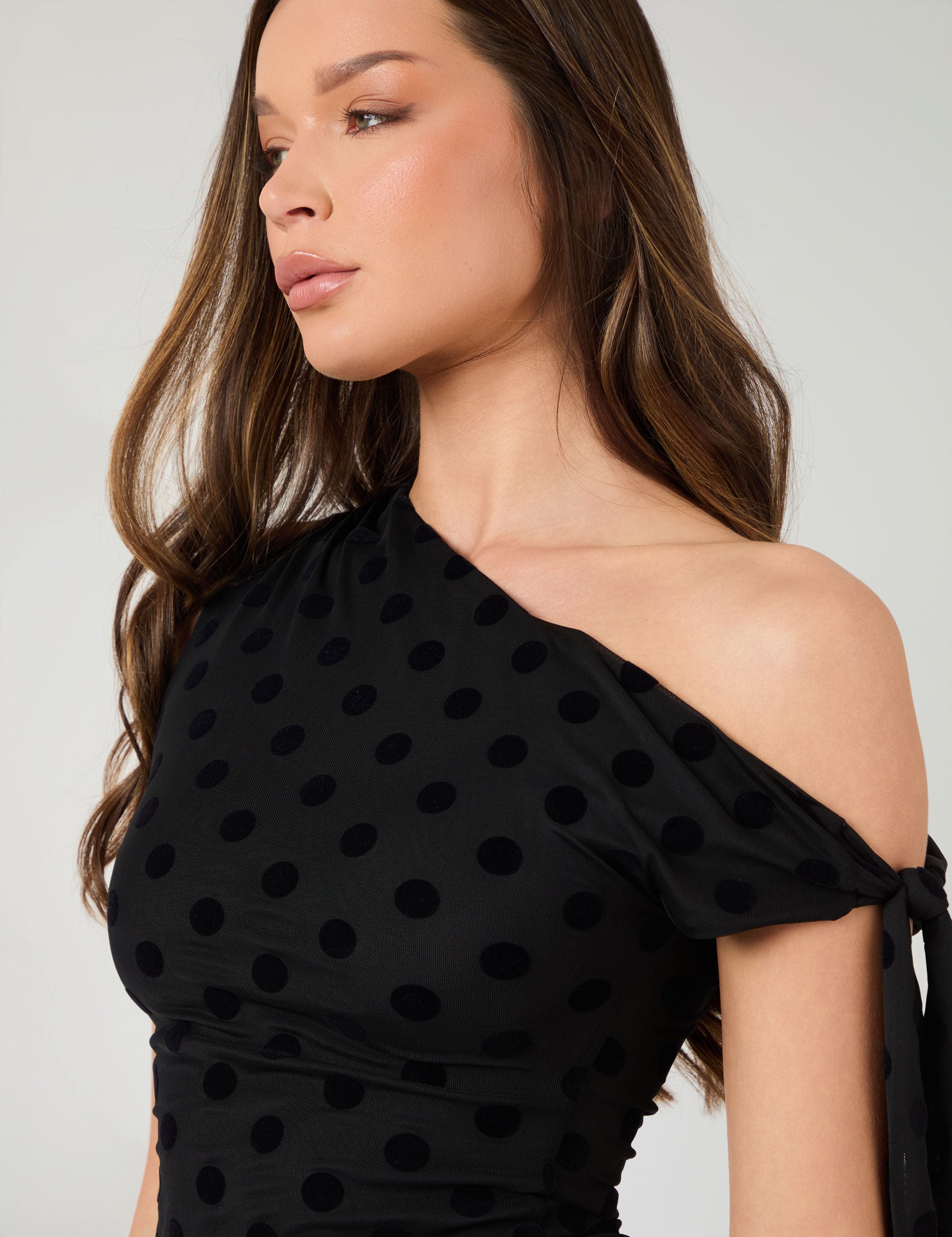Knot Detail Asymmetric One Shoulder Polka Dot Devore Top Black