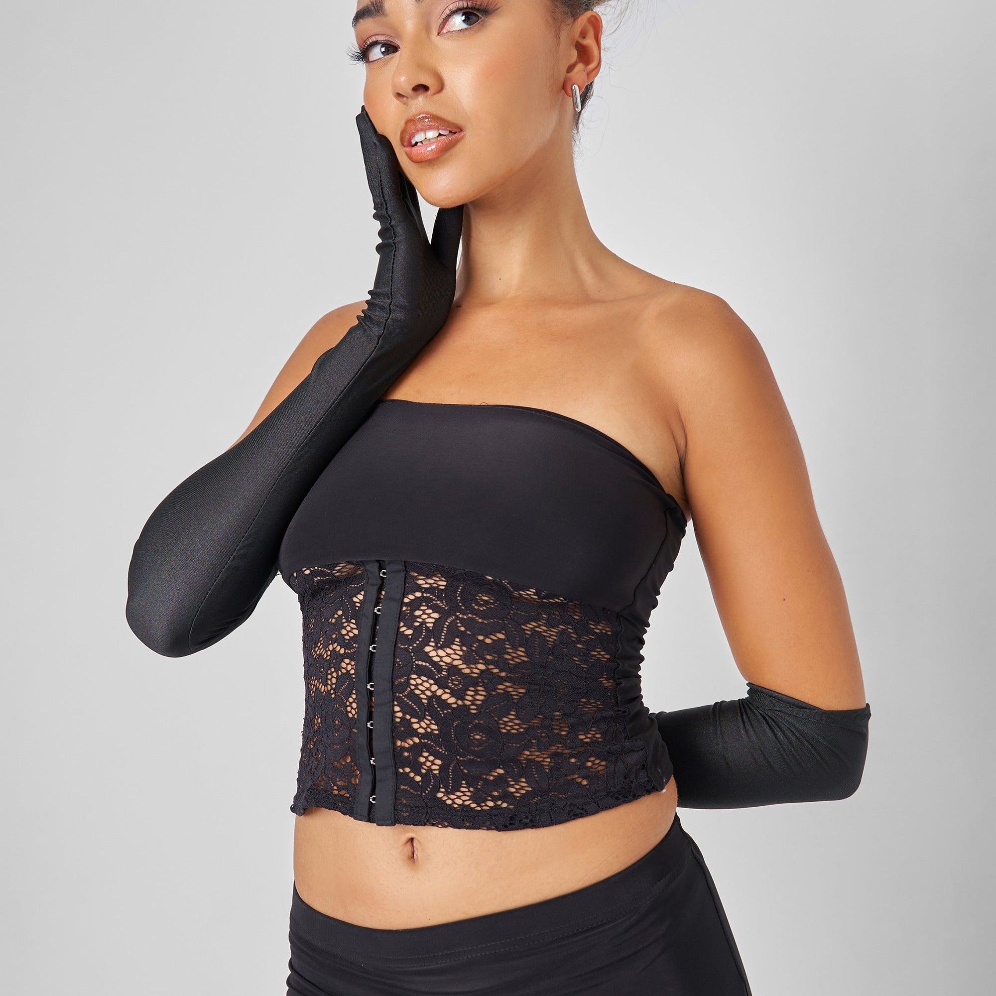Public Desire Lace Hook and Eye Bandeau Top Co-ord in Black