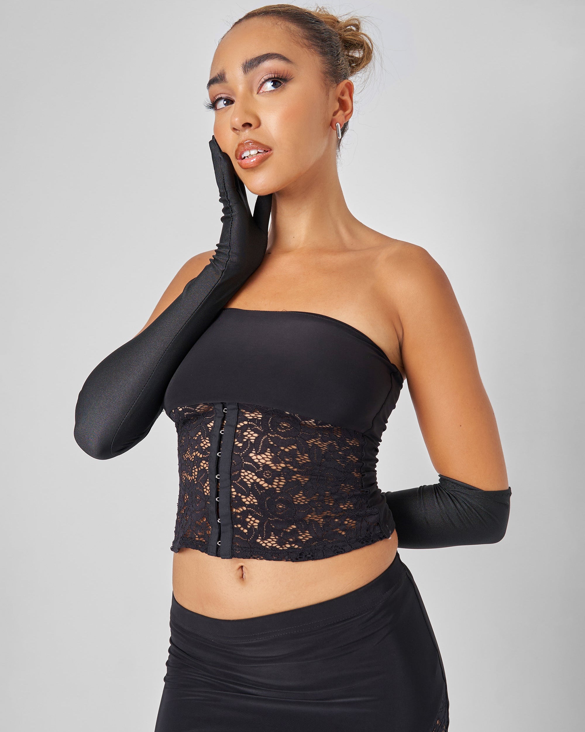 Public Desire Lace Hook and Eye Bandeau Top Co-ord in Black