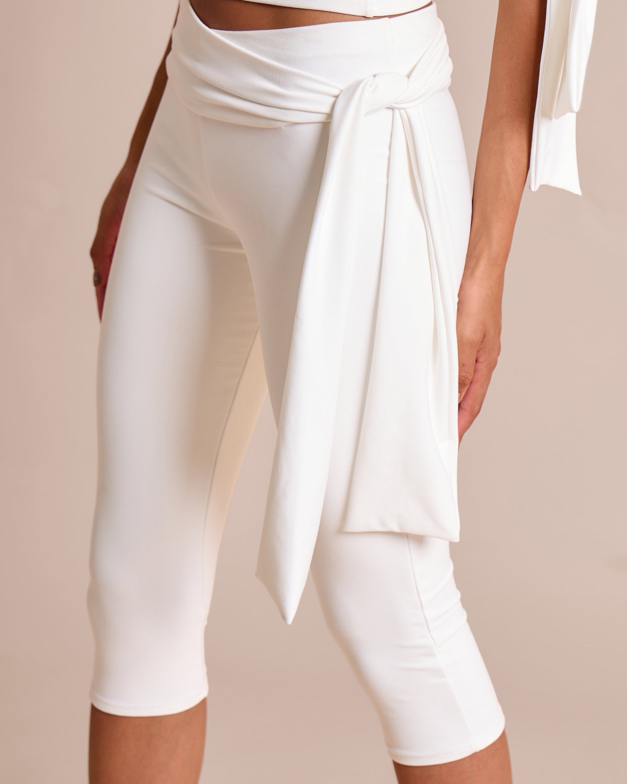 Knot Detail Tie Side Luxe Slinky Capri Pants White