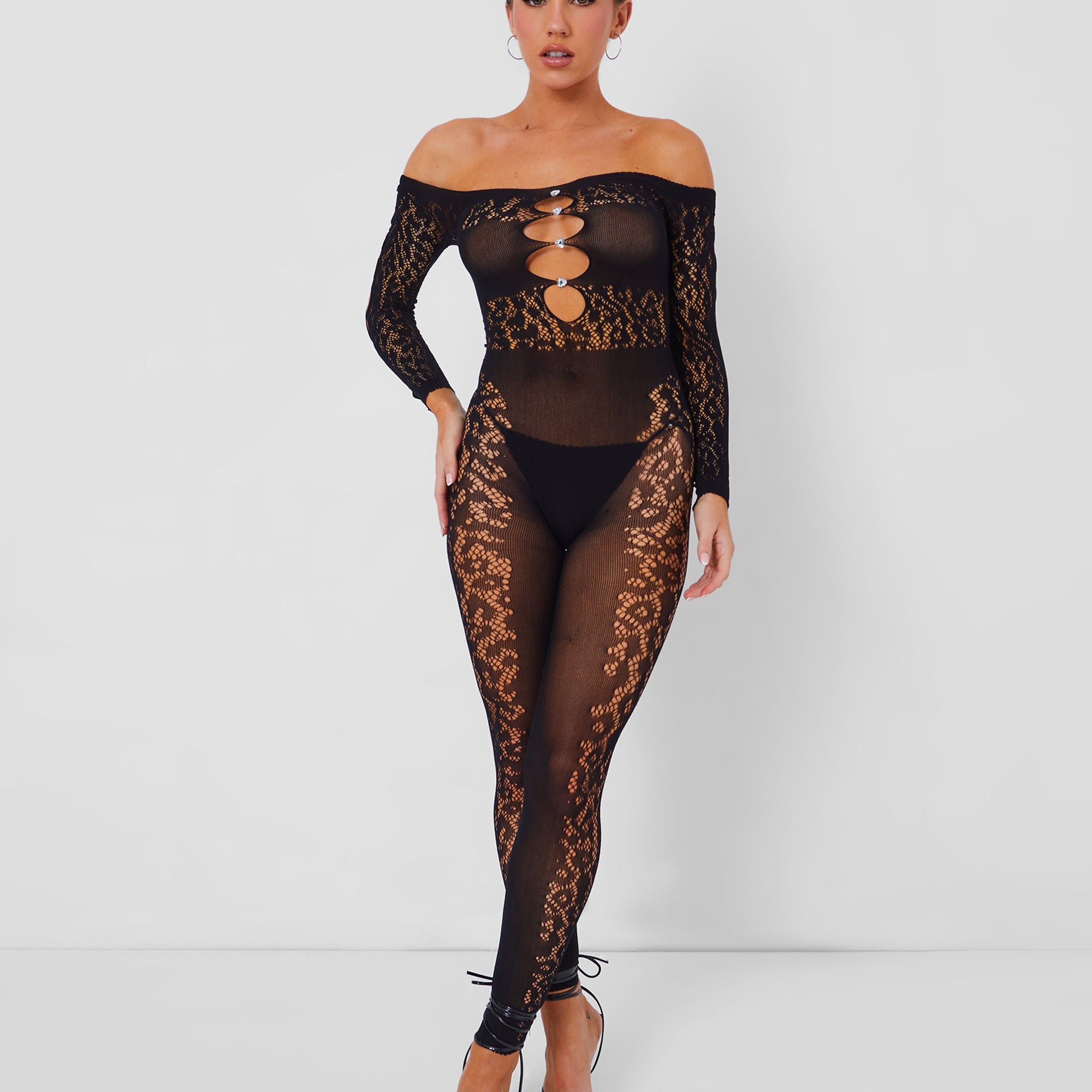 Mesh Lace Panel Unitard Black