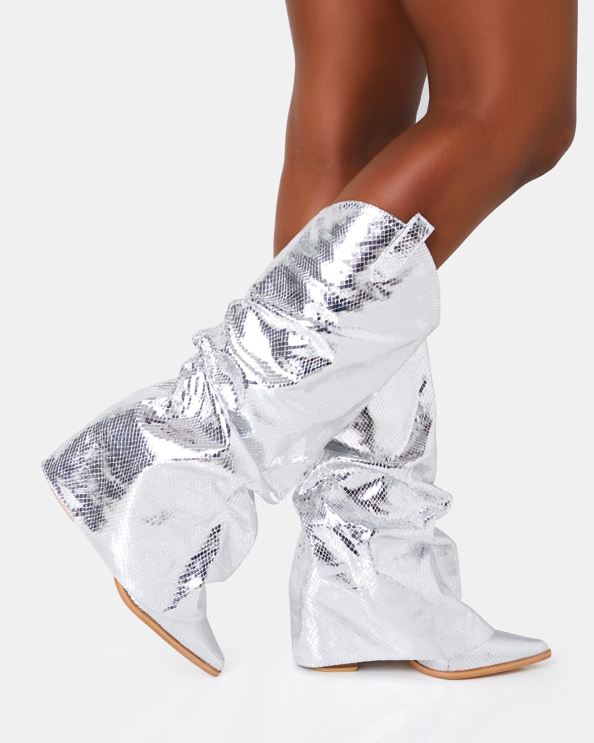 Sheriff Silver Metallic Western Fold Over Block Cowboy Knee High Boots