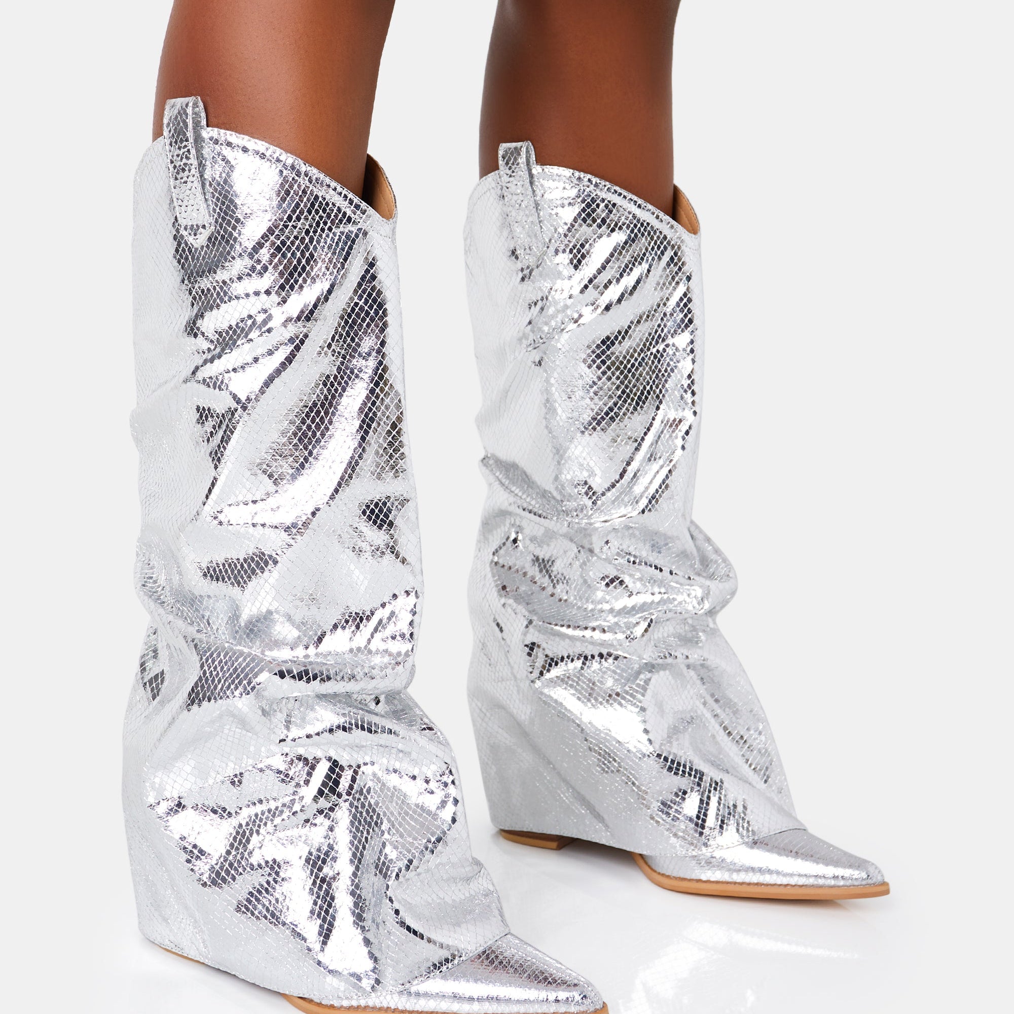 Sheriff Silver Metallic Western Fold Over Block Cowboy Knee High Boots