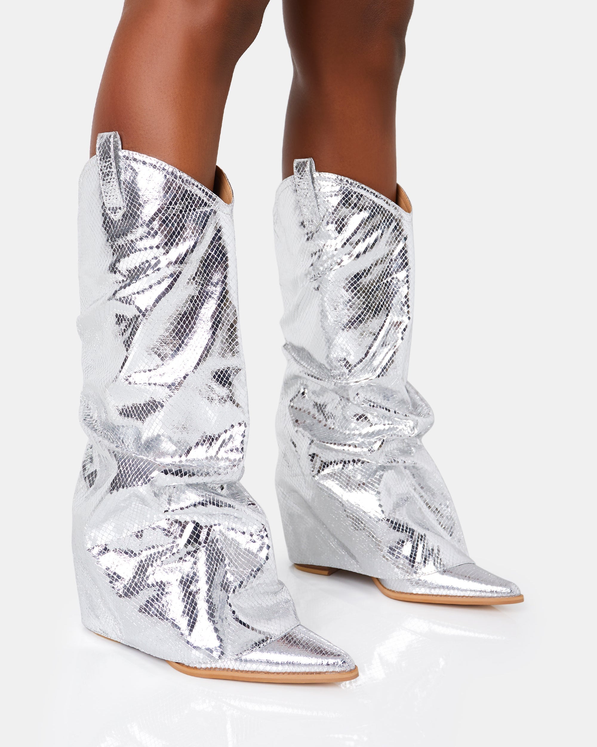 Sheriff Silver Metallic Western Fold Over Block Cowboy Knee High Boots