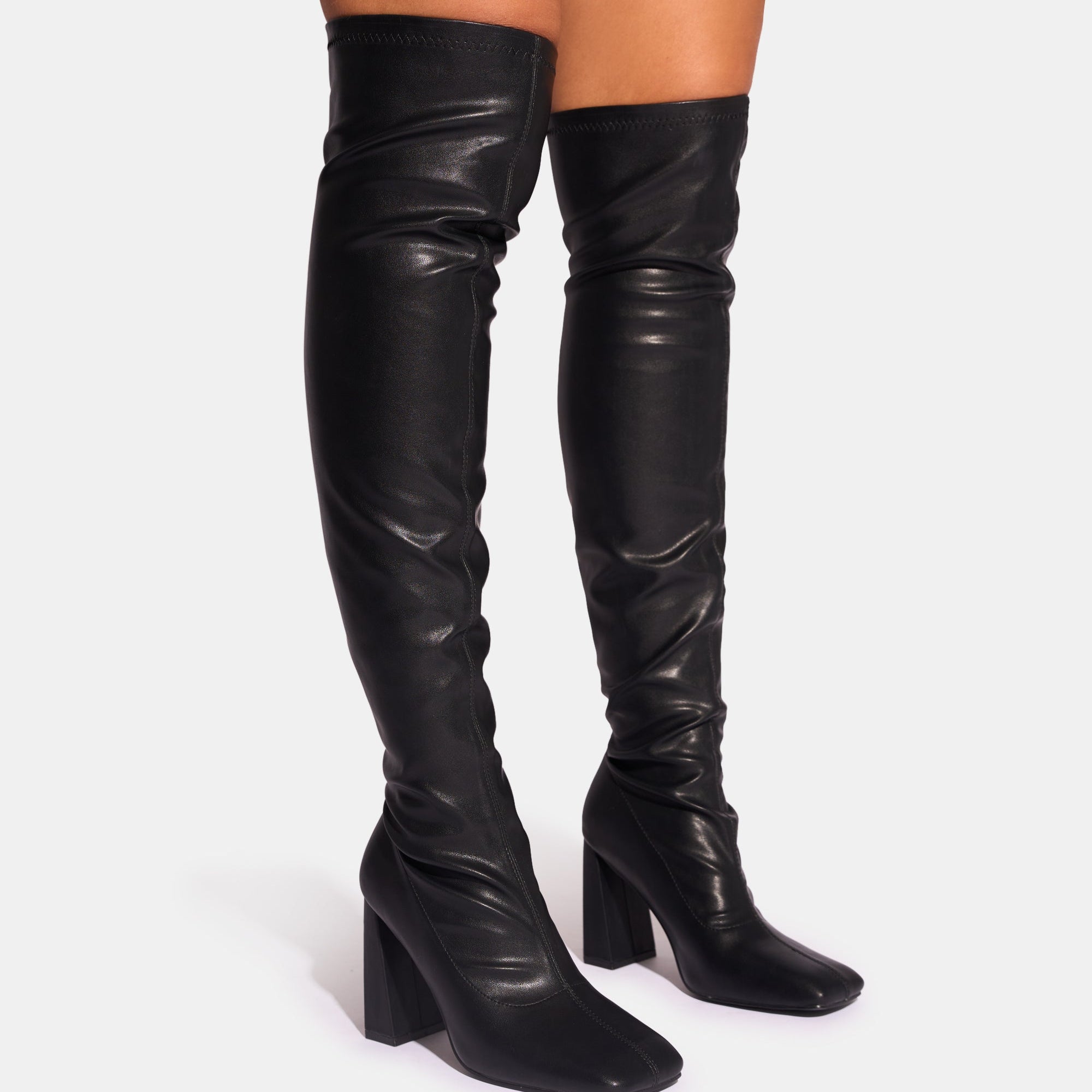Showoff Black Pu Block Heel Over the Knee Boot