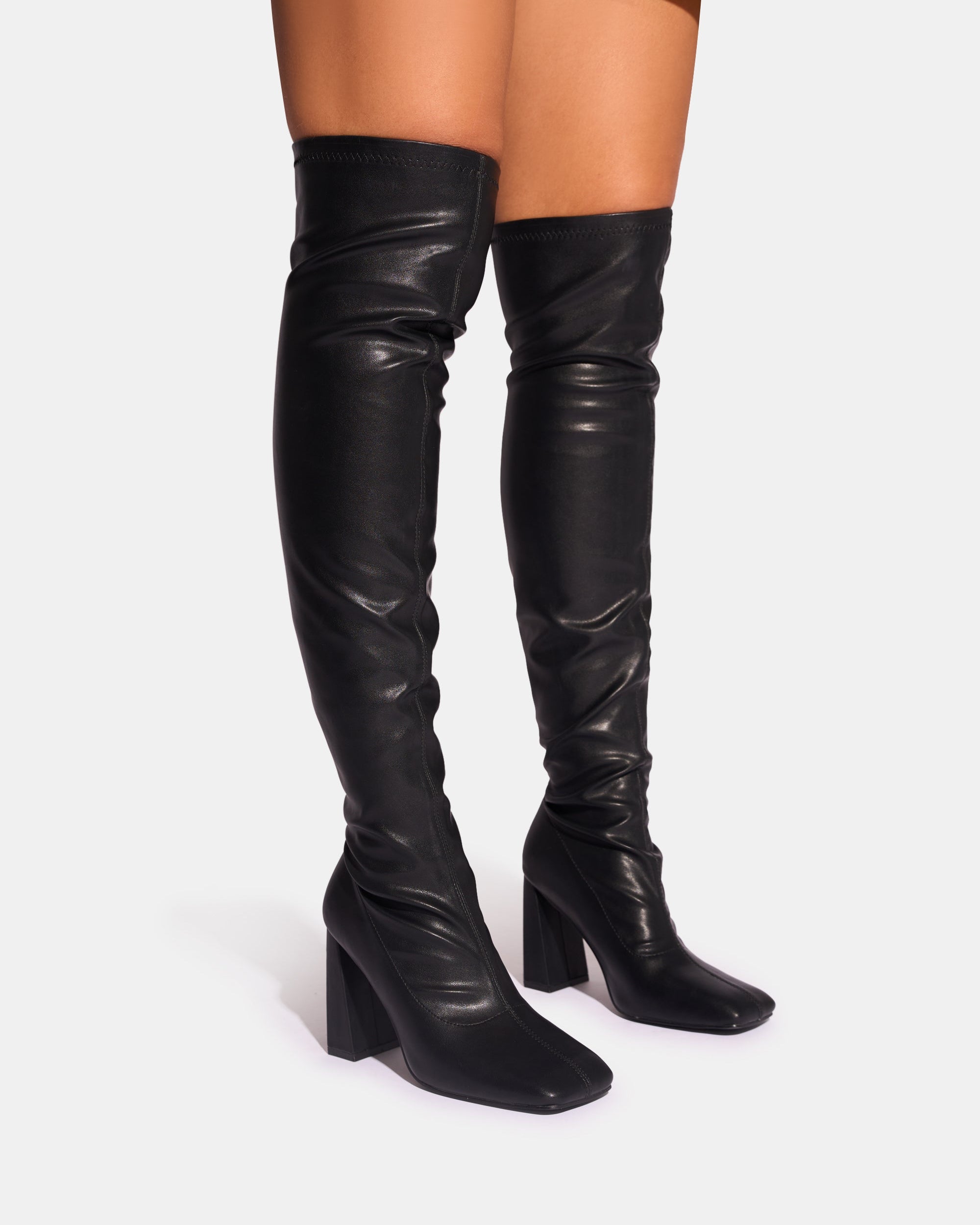 Showoff Black Pu Block Heel Over the Knee Boot