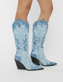 Underwood Mixed Denim Western Cowboy Block Heel Knee High Boots
