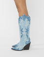 Underwood Mixed Denim Western Cowboy Block Heel Knee High Boots