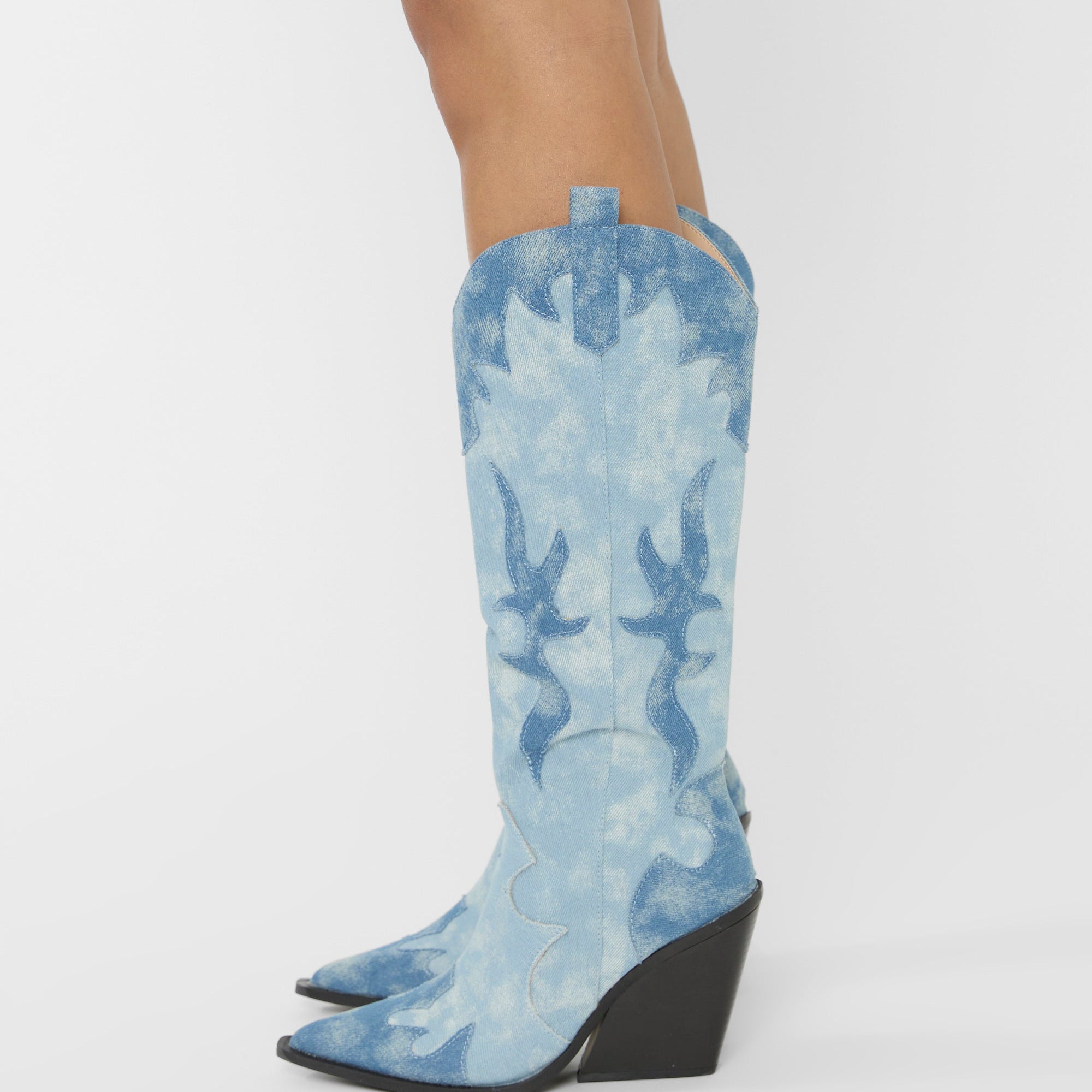 Underwood Mixed Denim Western Cowboy Block Heel Knee High Boots