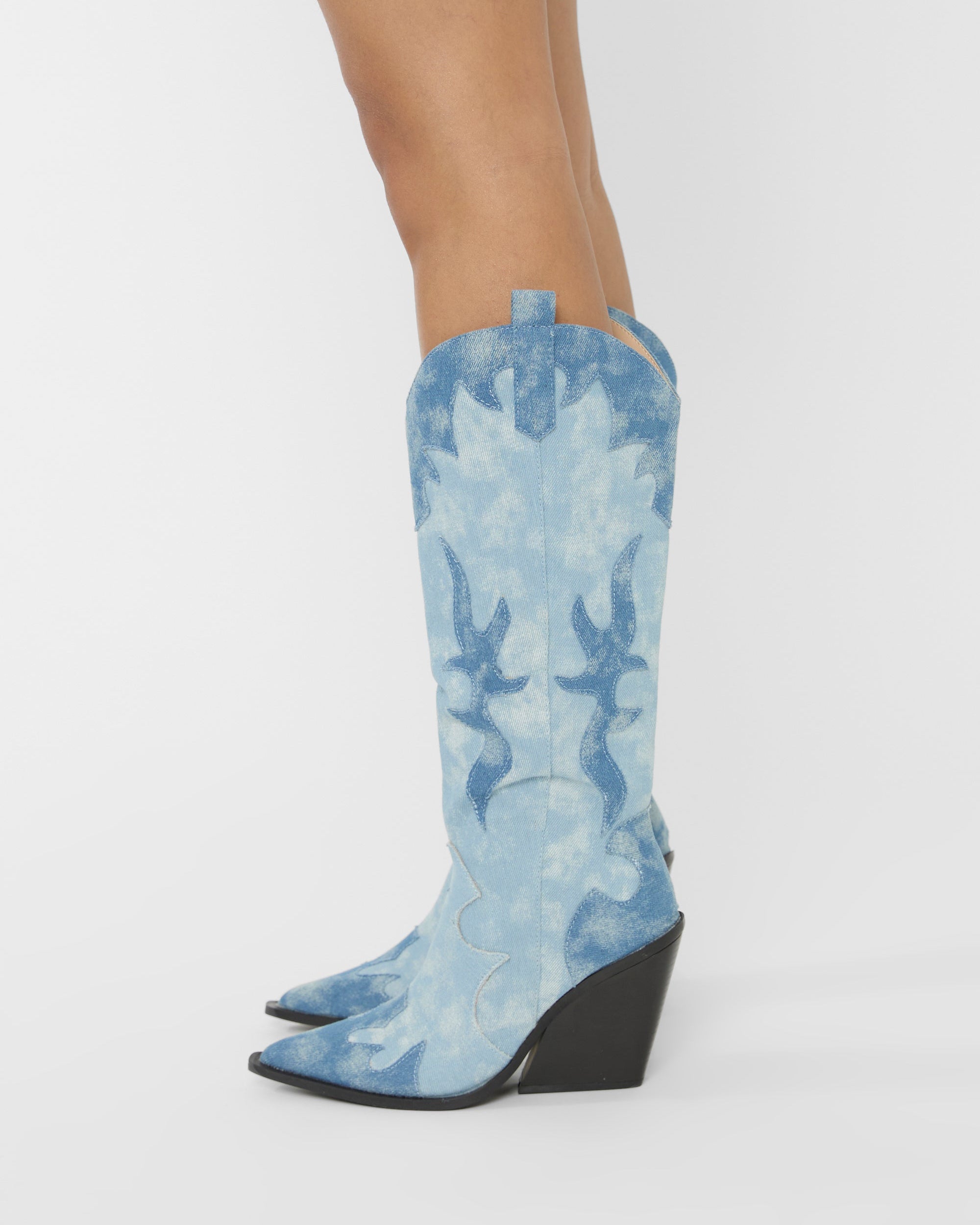 Underwood Mixed Denim Western Cowboy Block Heel Knee High Boots
