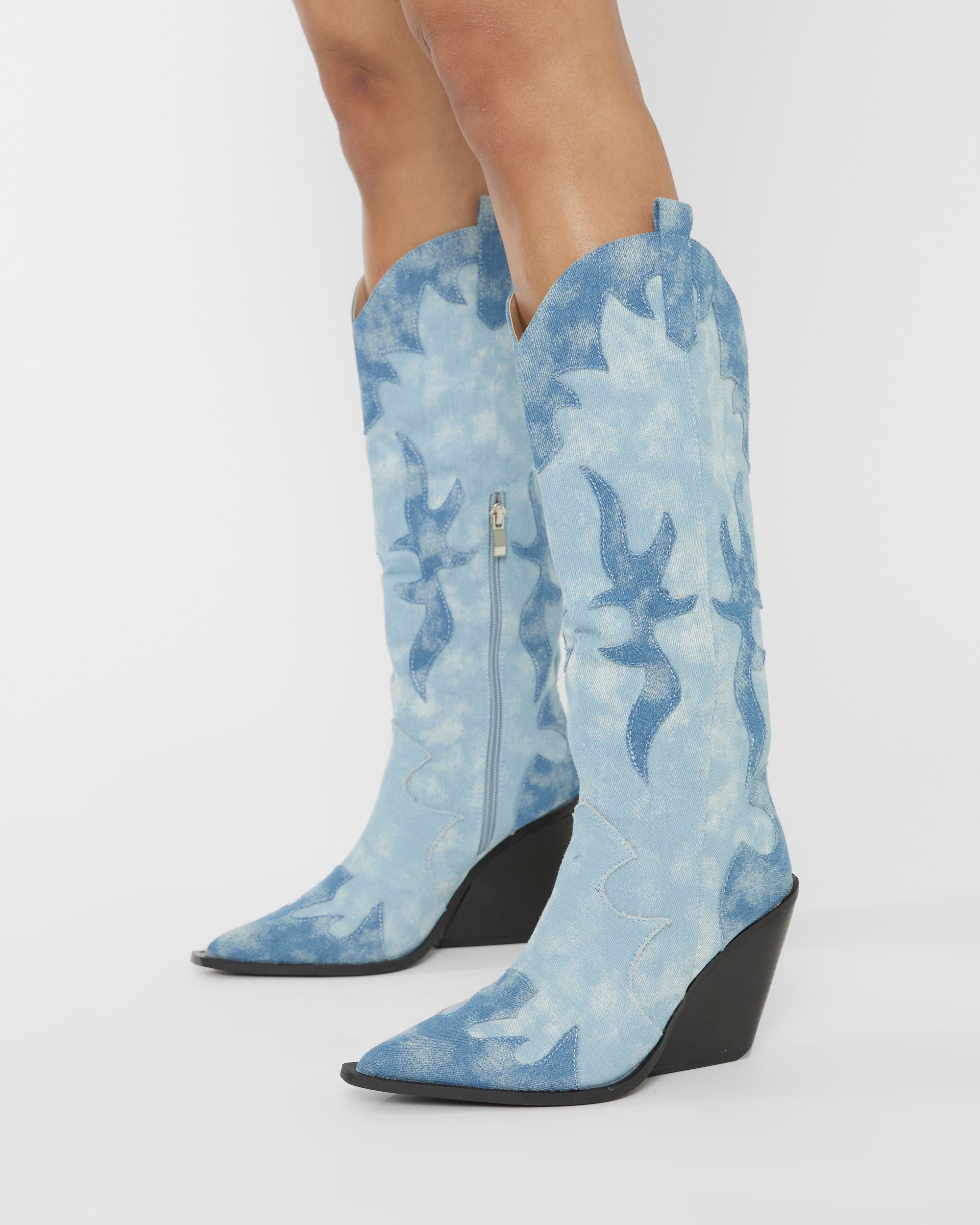 Underwood Mixed Denim Western Cowboy Block Heel Knee High Boots