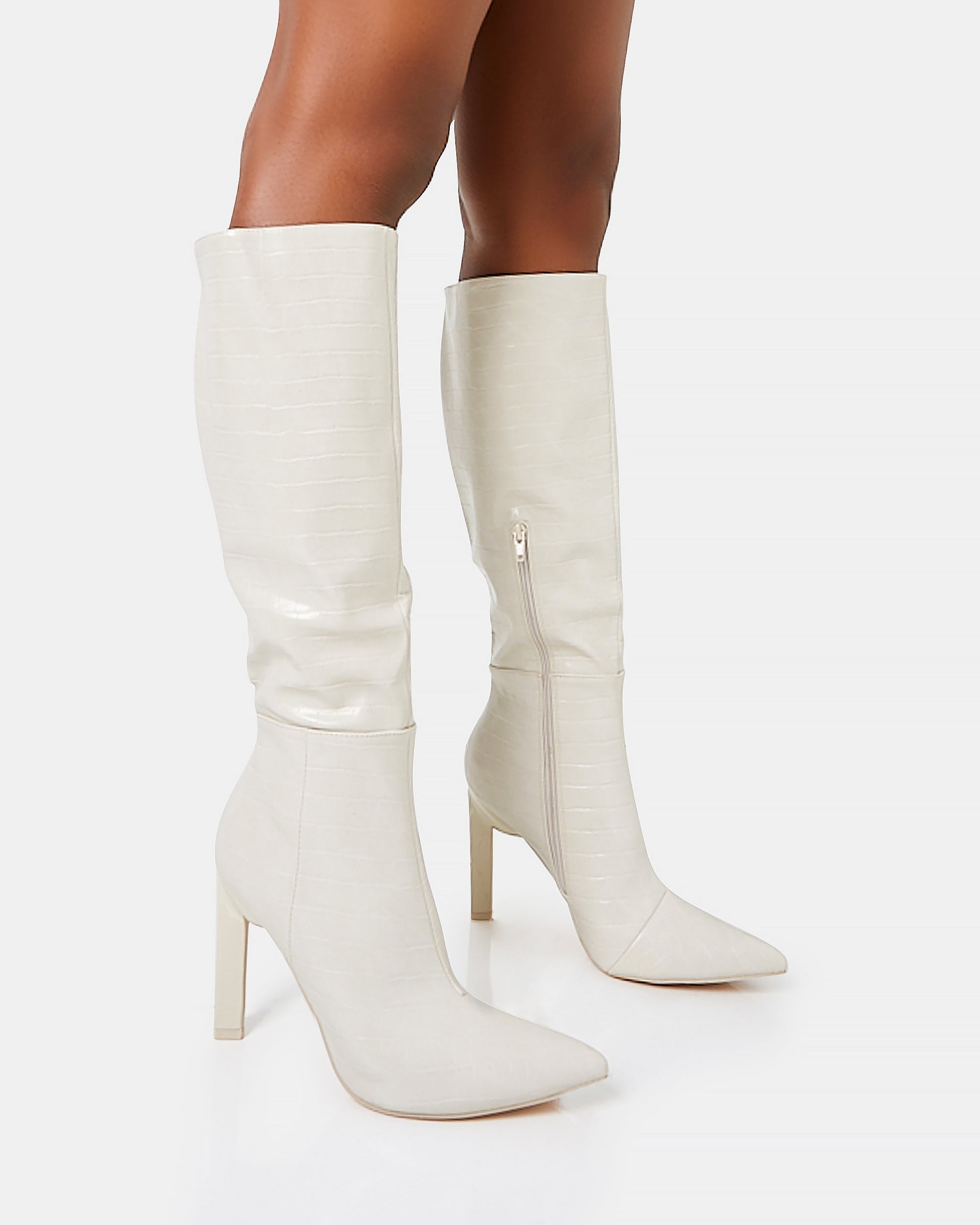 Unite Ecru Croc Pointed Toe  Knee High Block Heeled Boots