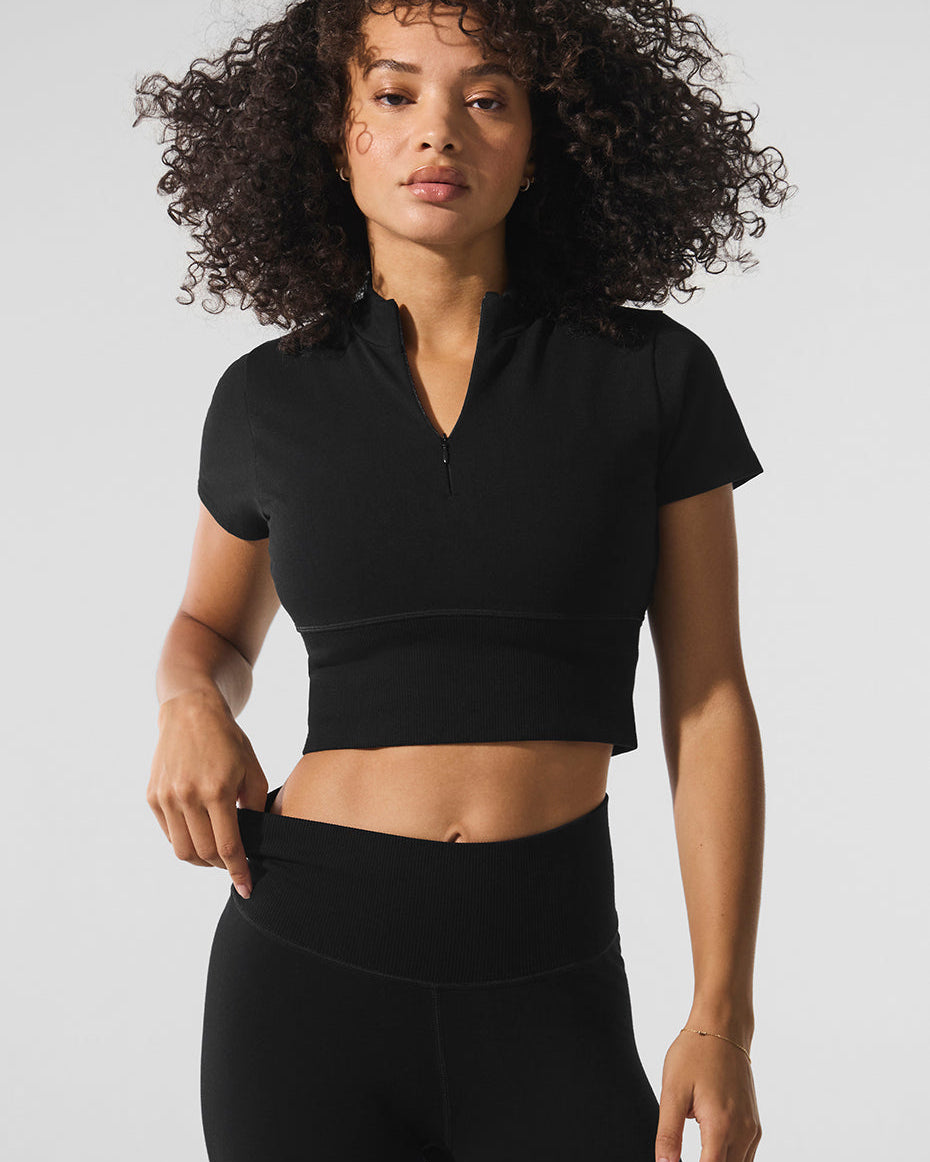 Seamless Winter Warm Plush Cropped Short Sleeve - Black