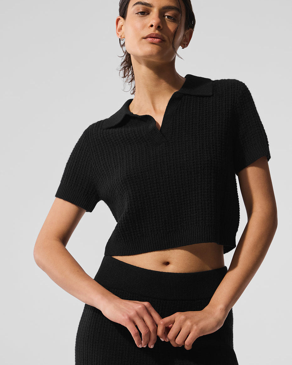 Cashmere Plush Waffle Polo Tee - Black